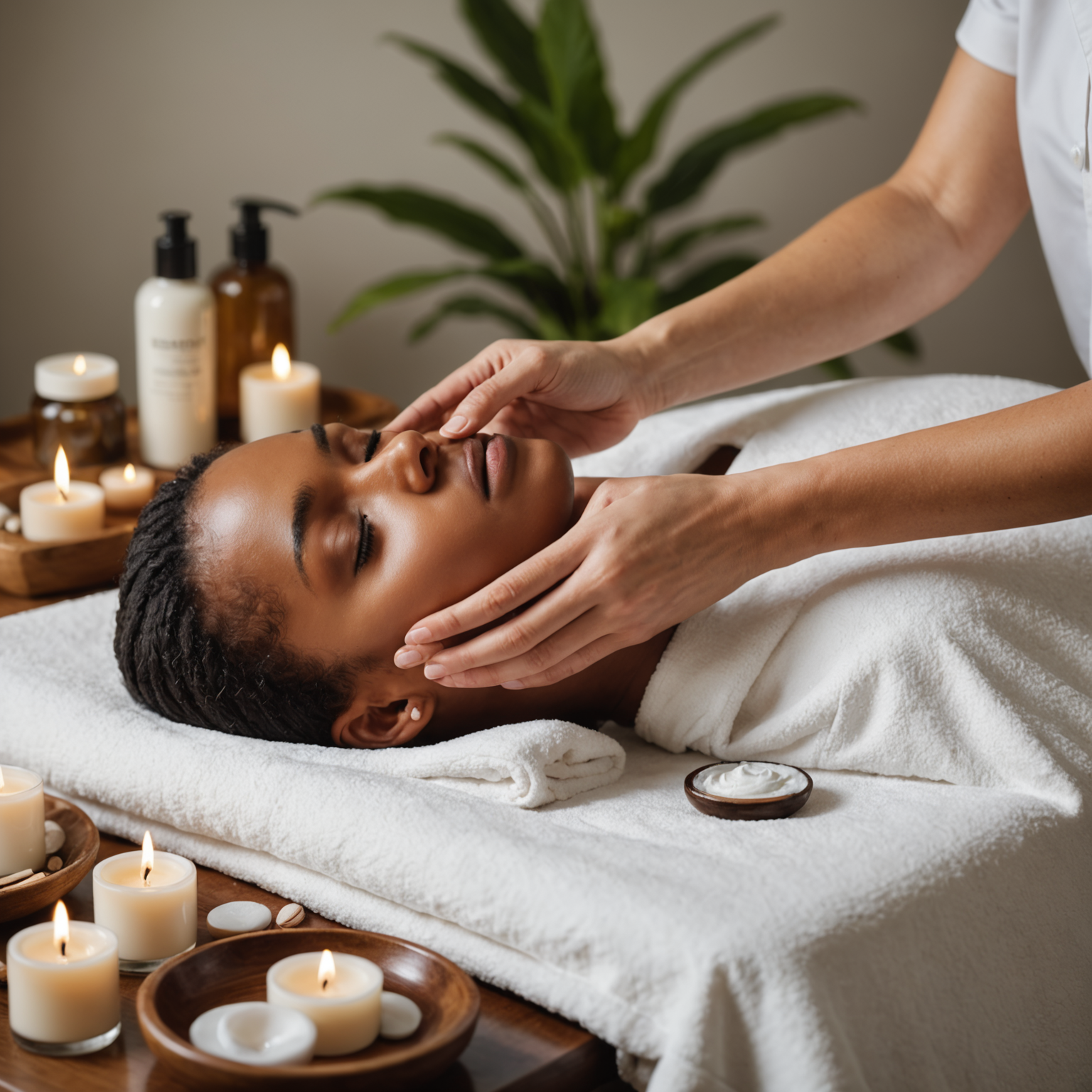 Esthetician hands performing a skincare treatment in a sterile, serene spa setting
