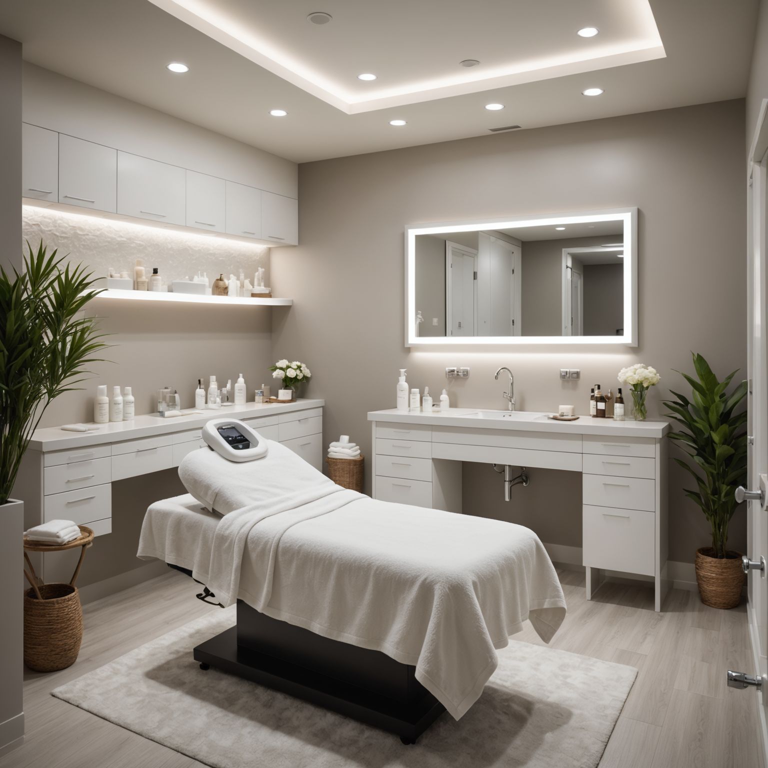 A serene treatment room with soft lighting, showcasing an esthetician's hands gently applying skincare textures with sterile tools.