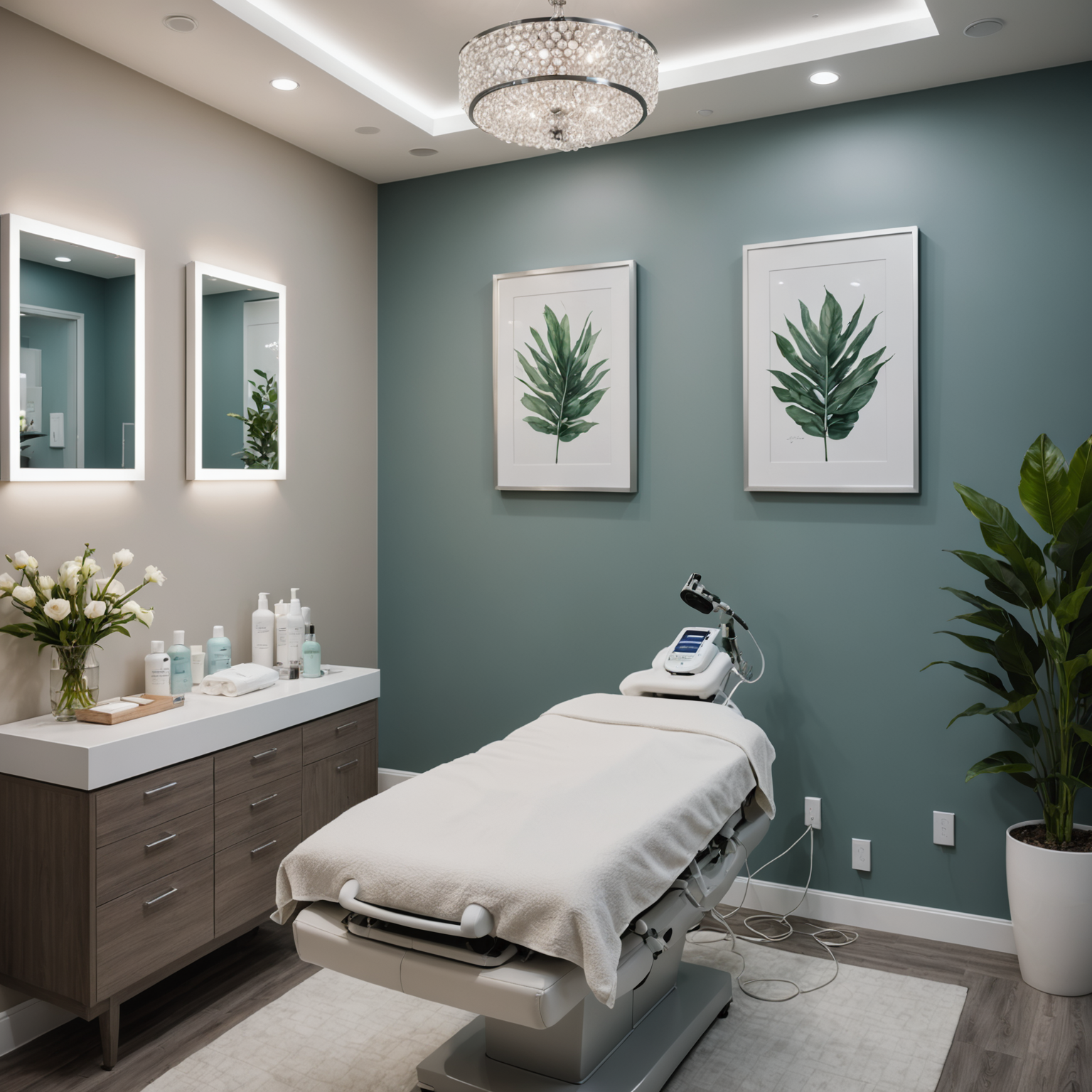 A serene cosmetic clinic treatment room featuring an esthetician's hands applying a hydrafacial device on a client, with skincare textures and sterile tools visible.