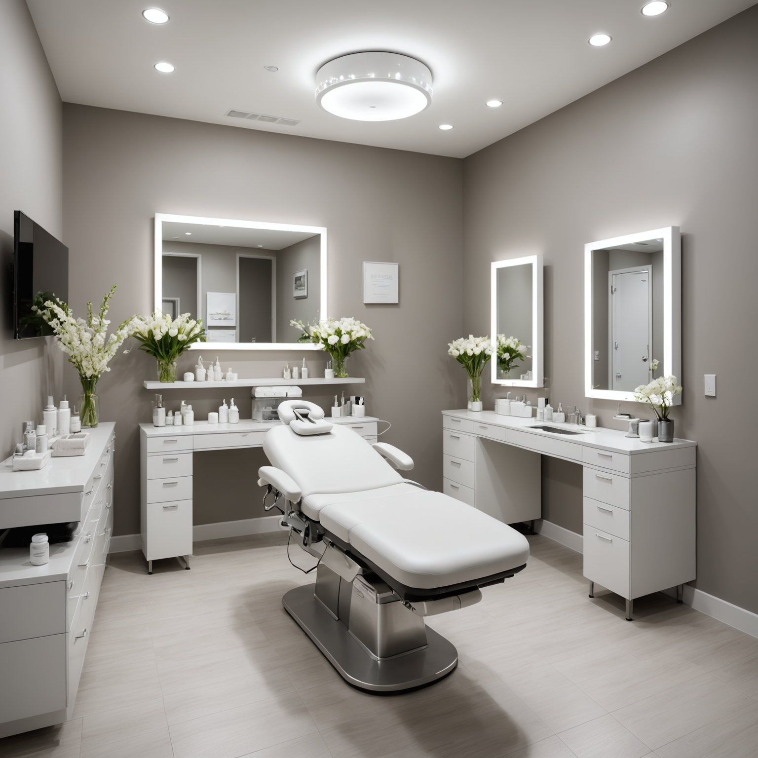 A stylish, serene cosmetic clinic treatment room with esthetician hands preparing tools