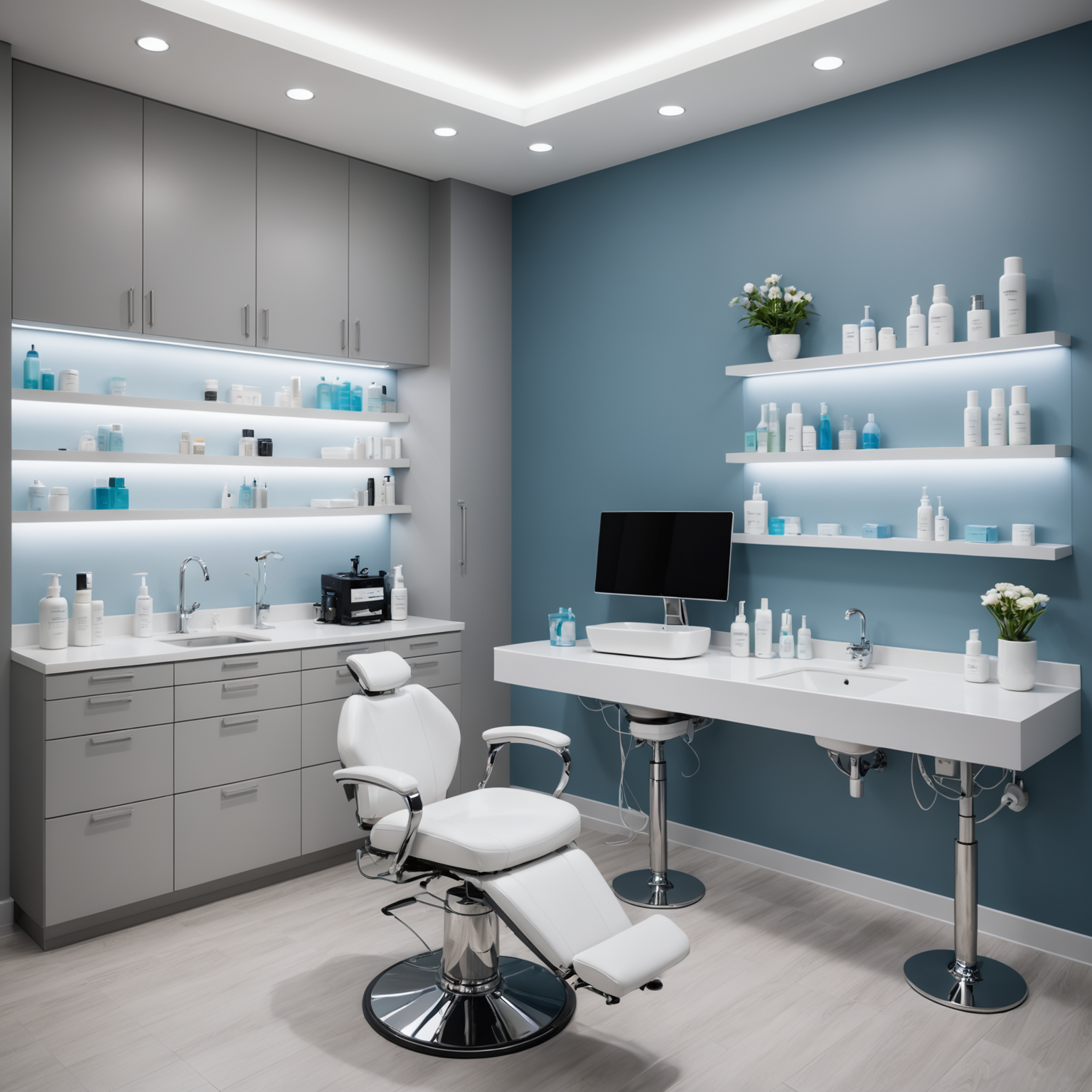 A serene cosmetic clinic treatment room with an esthetician preparing tools, surrounded by calming skincare textures