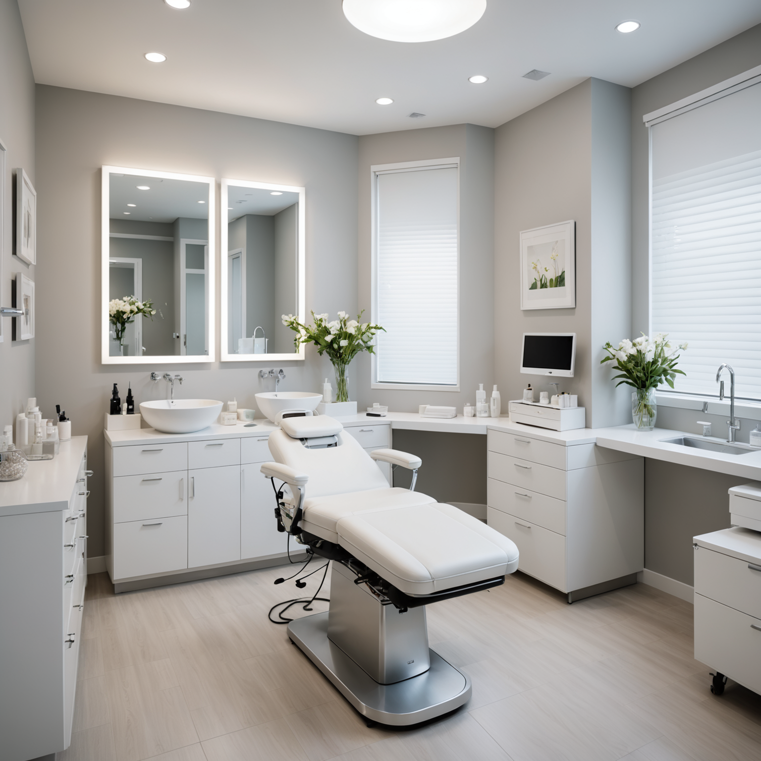 A well-lit, sterile cosmetic clinic treatment room with an esthetician's tools neatly arranged.