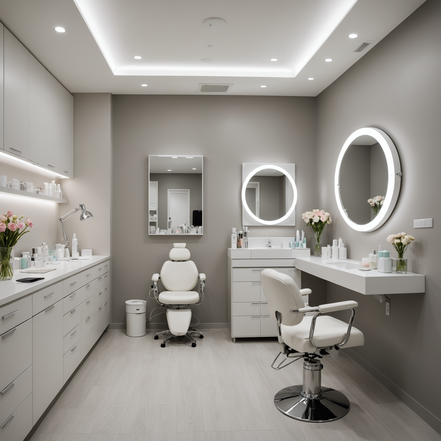 A serene cosmetic clinic treatment room with skincare textures and sterile tools