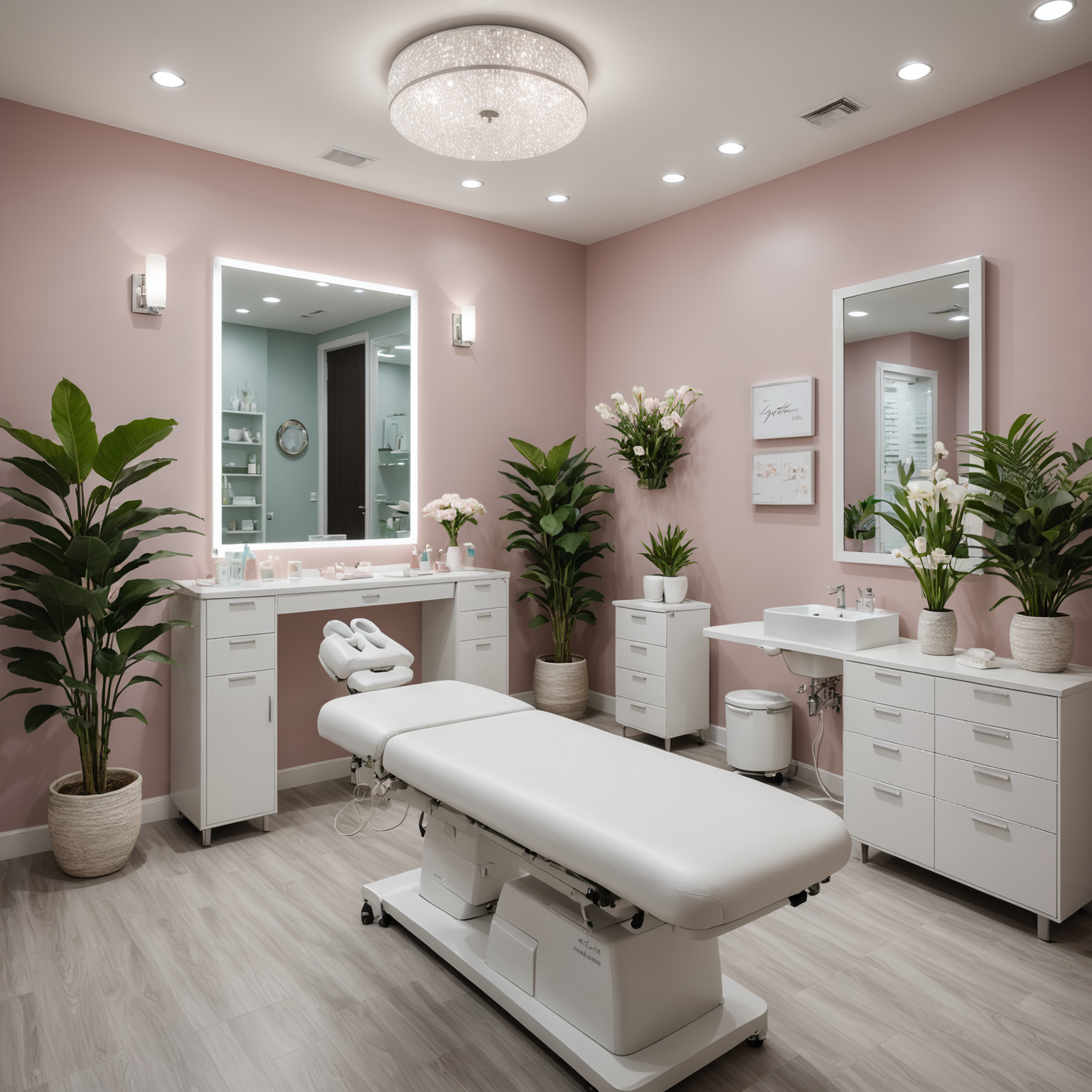 A peaceful cosmetic clinic room with an esthetician's hands gently applying a treatment, surrounded by serene spa interior.