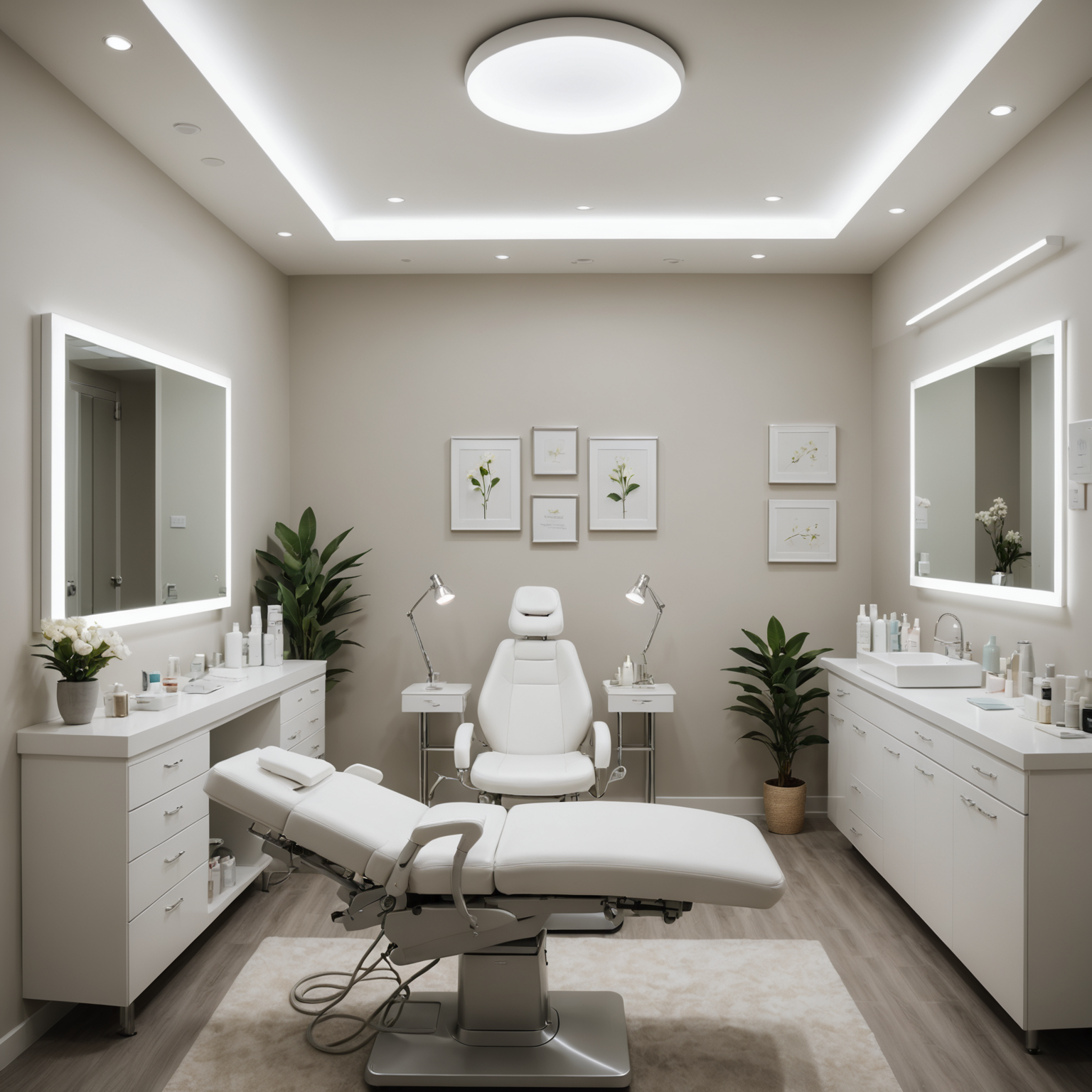 A serene cosmetic clinic room with a treatment bed, soft lighting, and an esthetician's hands preparing tools