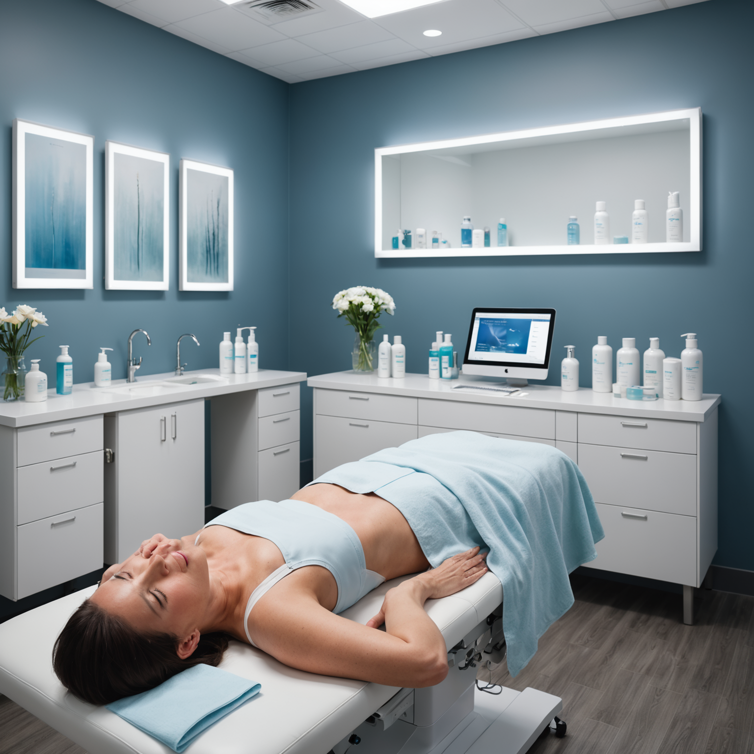 A serene, modern aesthetic clinic with a treatment room featuring an esthetician's hands gently applying a gel pad on a patient's abdomen, highlighting skincare textures and sterile tools.