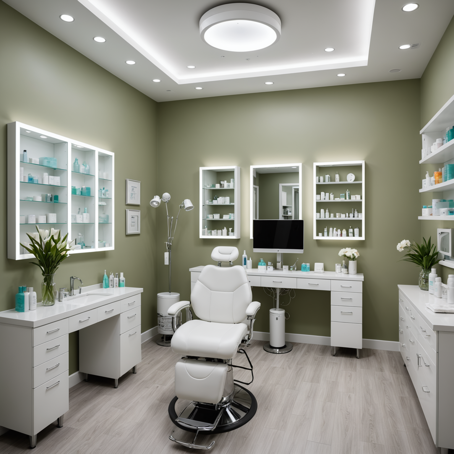 A serene cosmetic clinic with an esthetician preparing tools in a clean, inviting treatment room