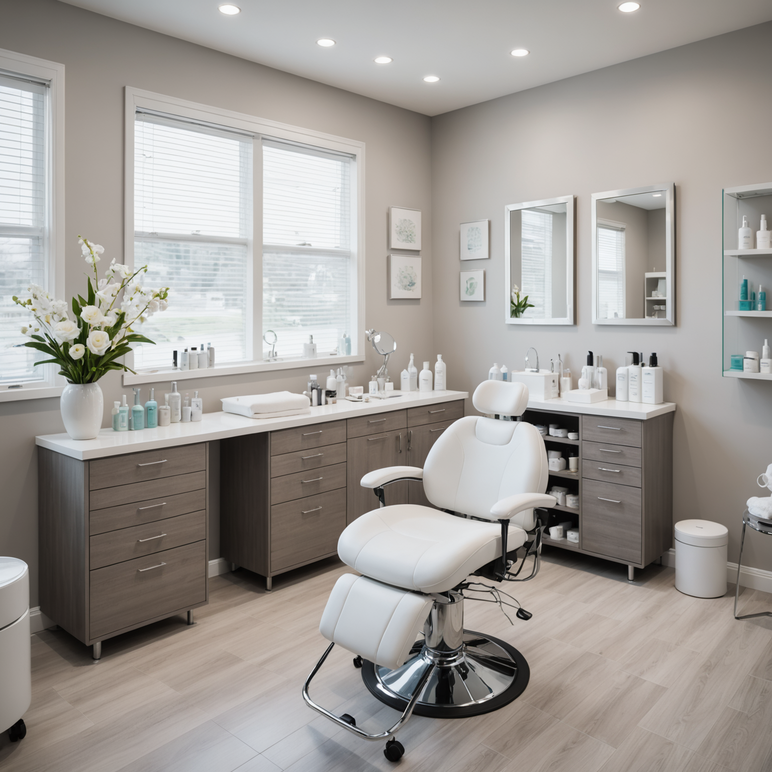A serene cosmetic clinic room with esthetician tools neatly arranged