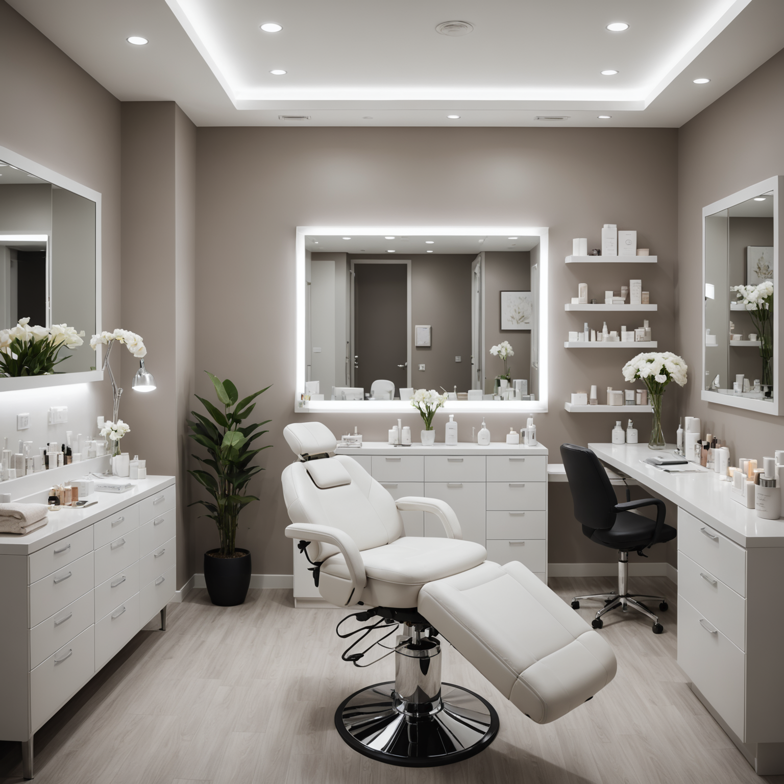 A cozy and professional cosmetic clinic treatment room with an esthetician preparing tools for a procedure.