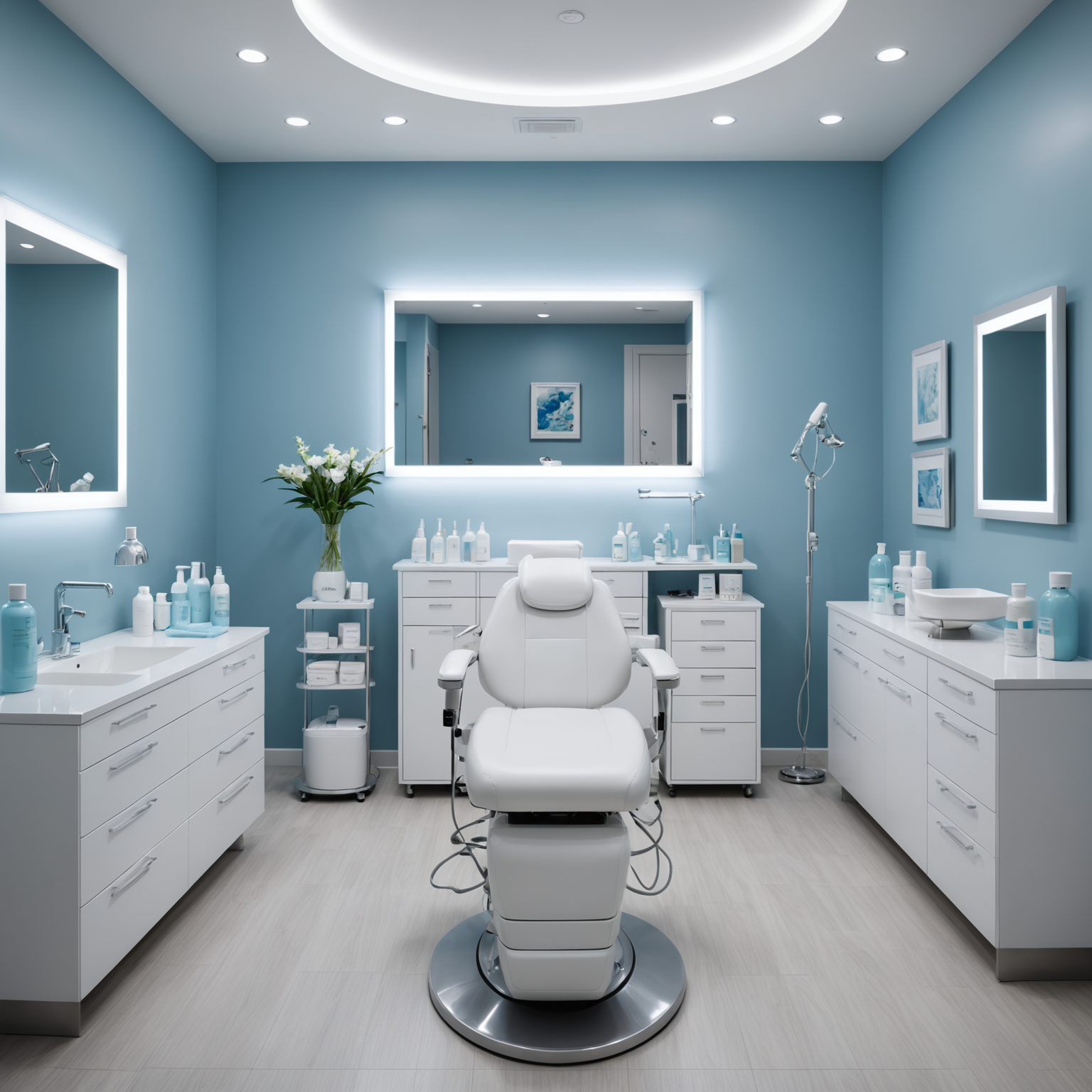 A serene cosmetic clinic treatment room showcasing a clean and sterile environment with an esthetician's tools neatly arranged.