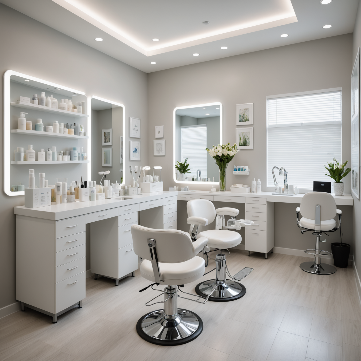 A professional cosmetic clinic treatment room with esthetician tools and skincare textures