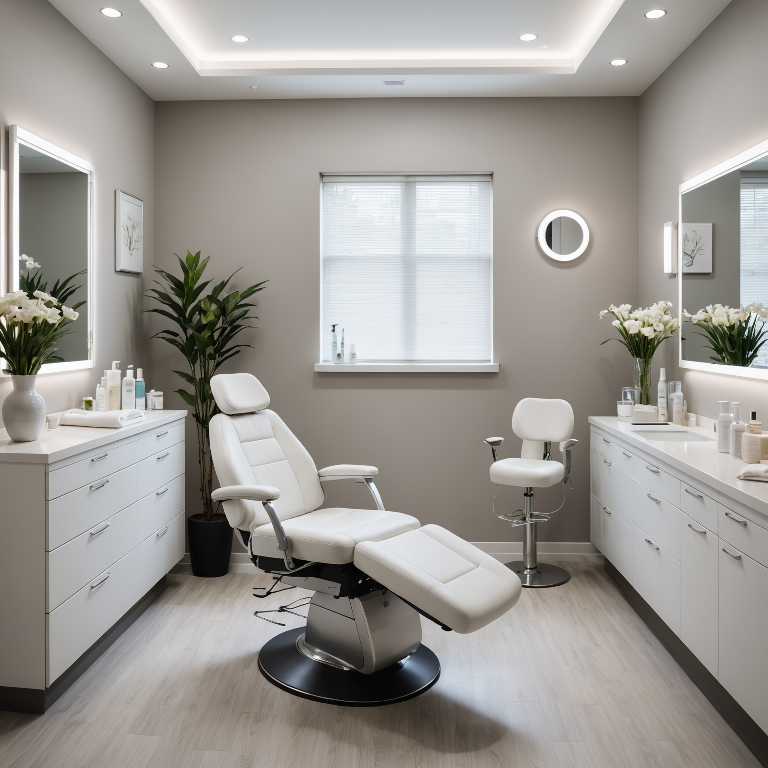 A serene treatment room in a cosmetic clinic, showcasing esthetician tools and a comfortable treatment chair.