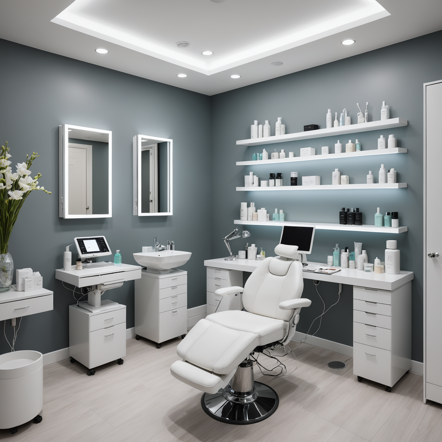 A serene cosmetic clinic room with aesthetician tools neatly arranged.