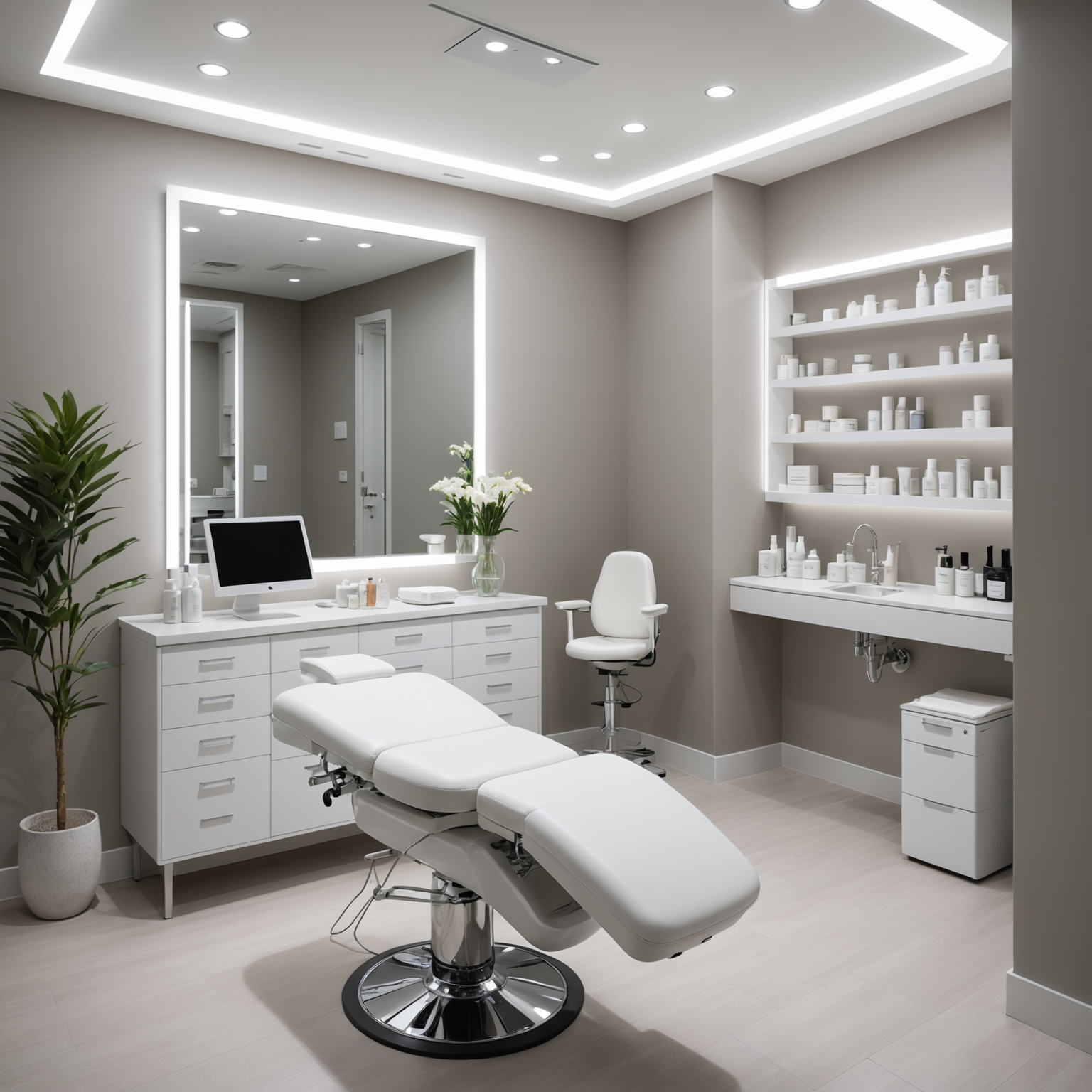 A modern, serene cosmetic clinic treatment room with esthetician tools neatly arranged.