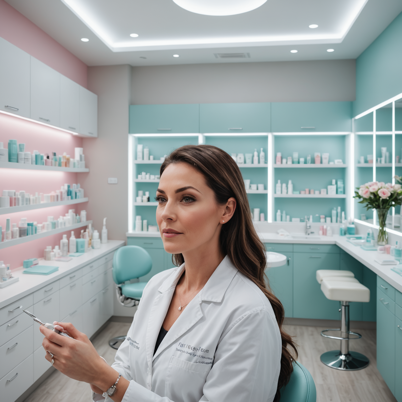 A serene cosmetic clinic interior with an esthetician preparing sterile tools for a lip filler procedure.