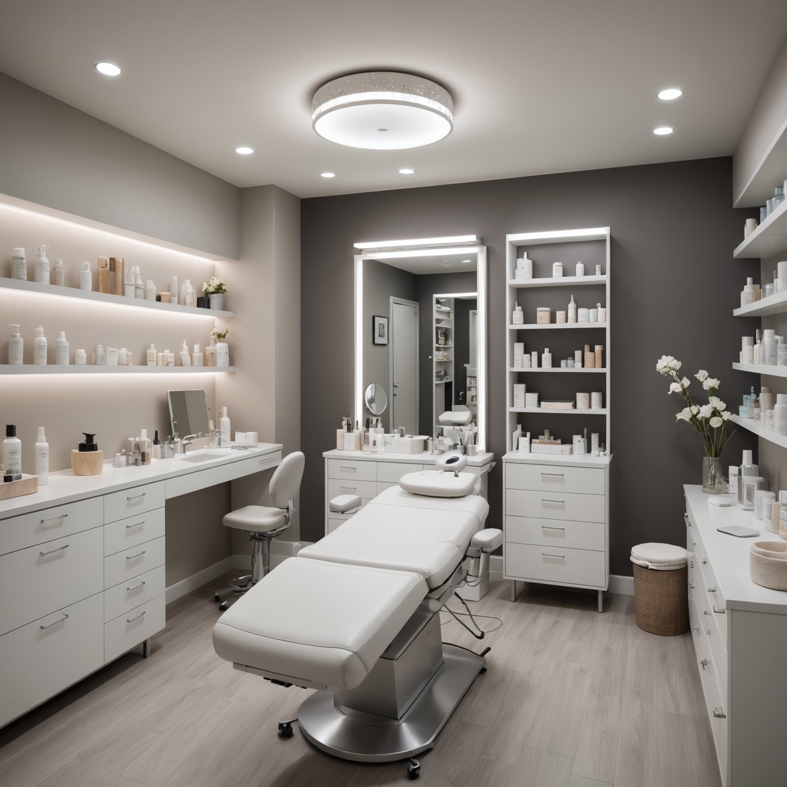 A serene cosmetic clinic treatment room with esthetician tools and skincare textures