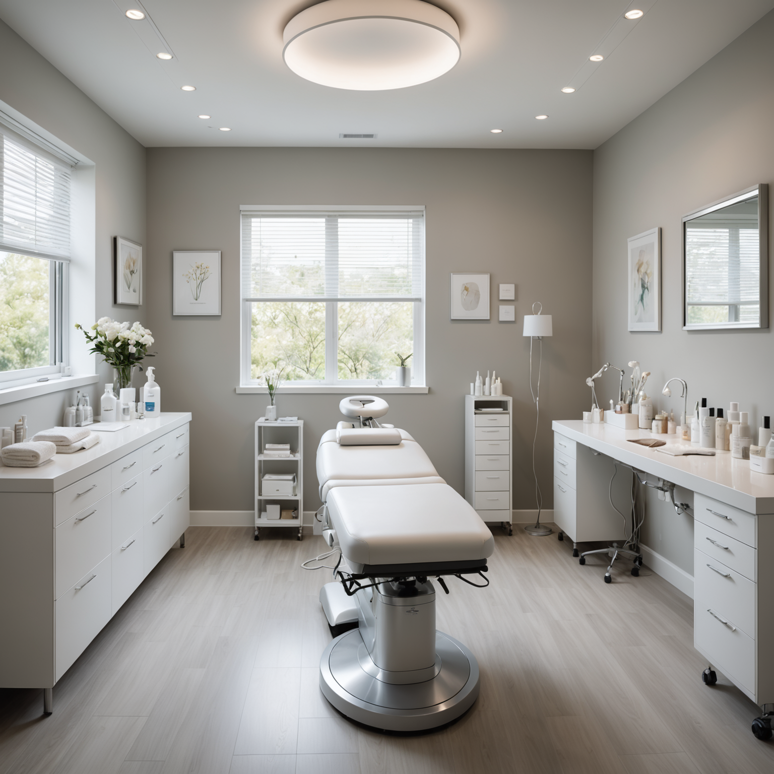 A serene cosmetic-clinic treatment room with esthetician tools ready for use.