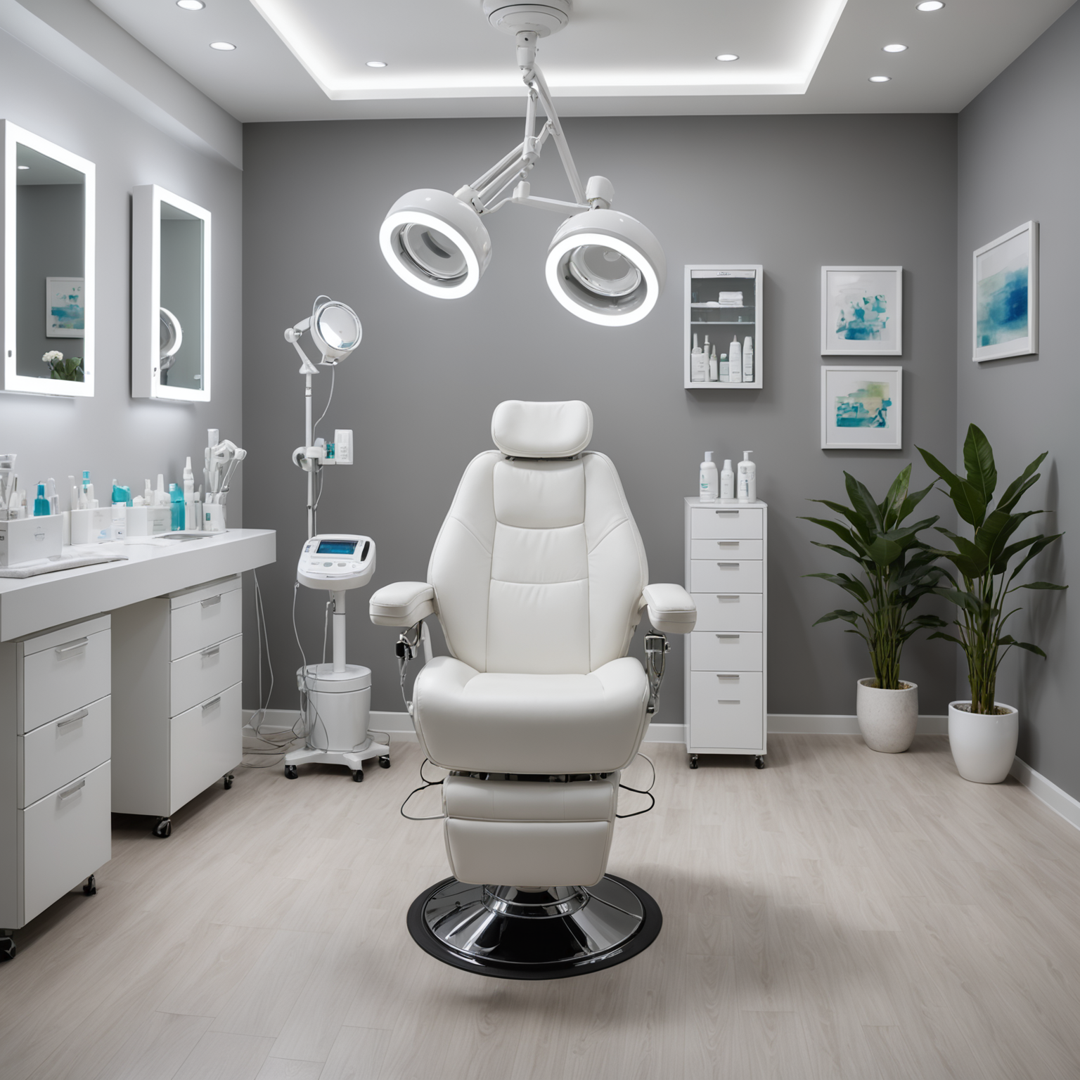 A serene cosmetic clinic treatment room with a comfortable chair and an array of sterile tools neatly arranged.