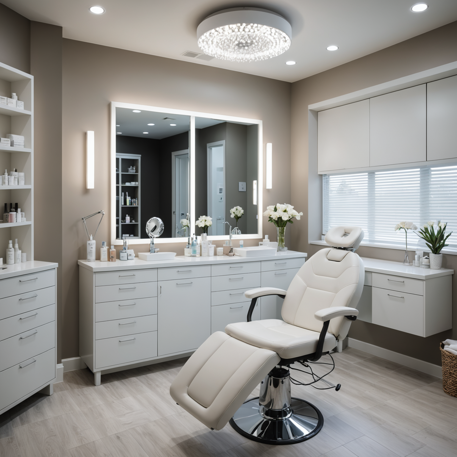 A serene cosmetic clinic room with an esthetician's hands preparing sterile tools for a lip filler treatment