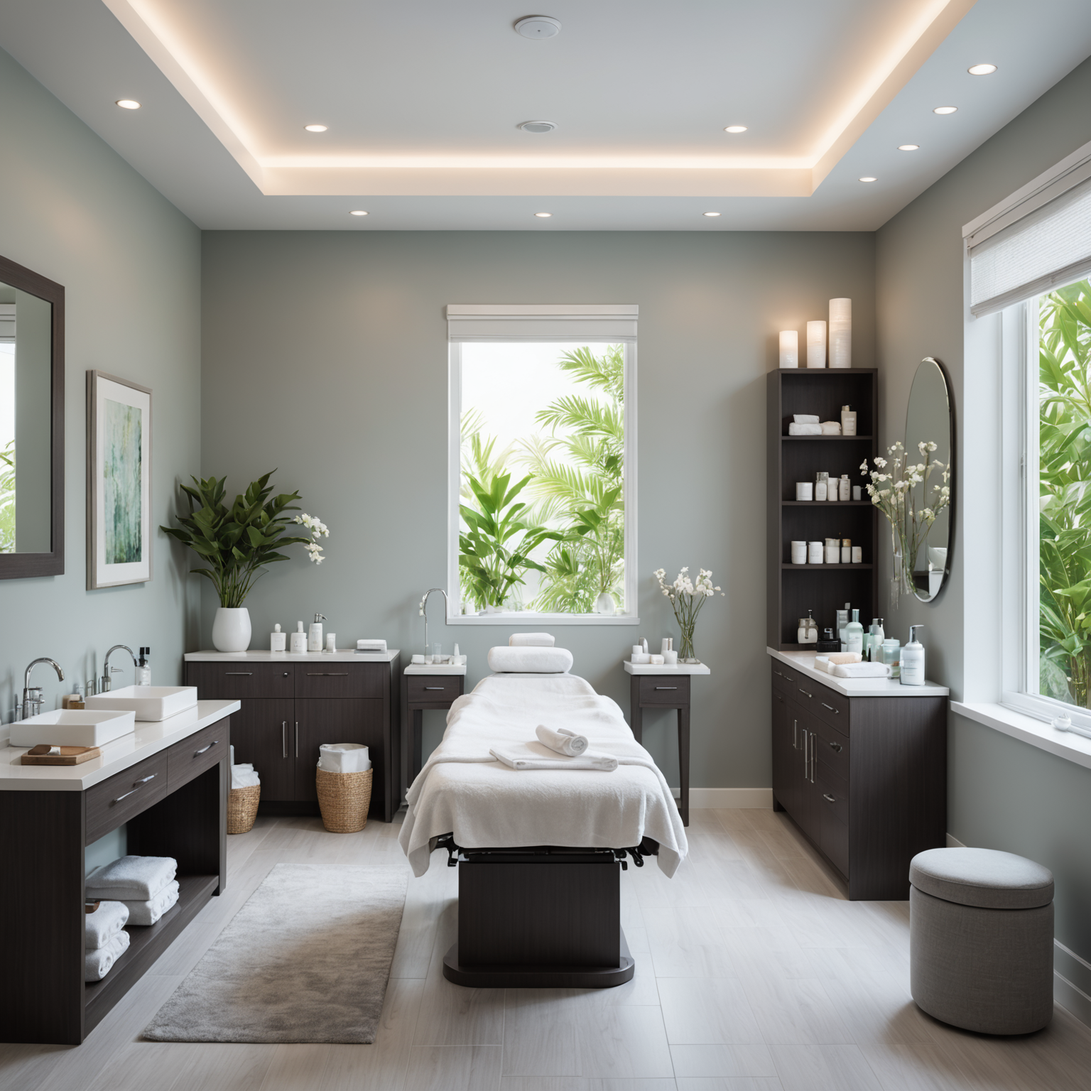 A serene spa interior featuring an esthetician's treatment room with skincare textures and sterile tools.