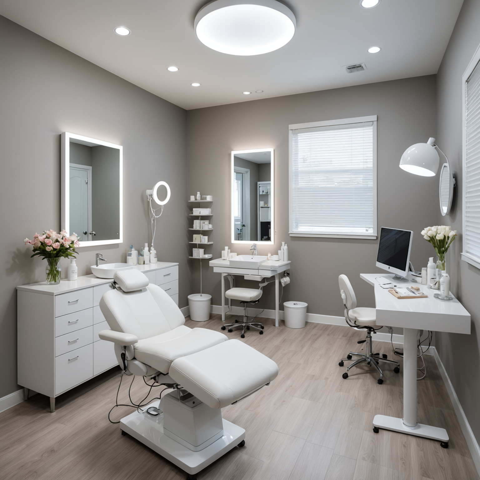A serene cosmetic clinic room with a professional esthetician ready for treatment.