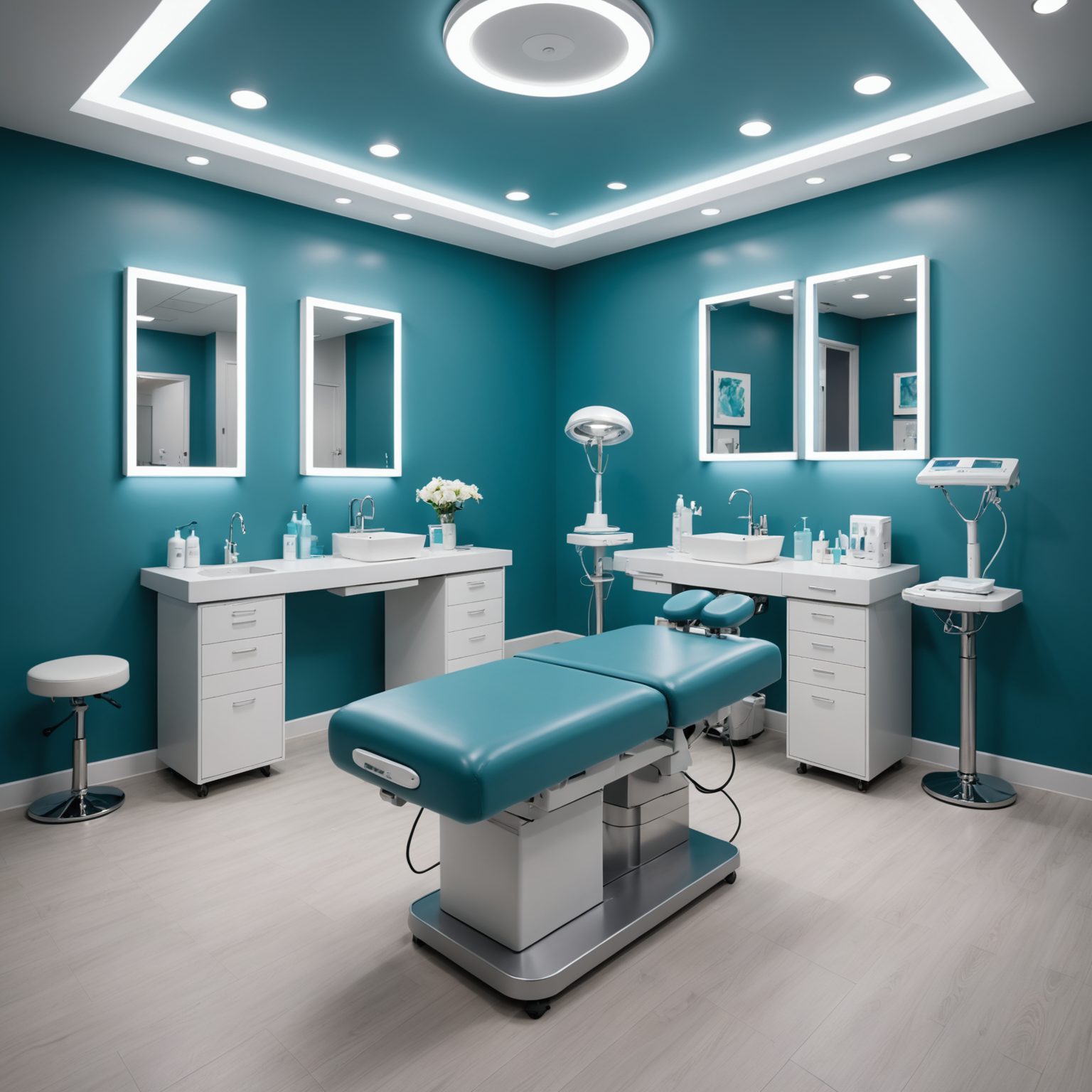 A modern cosmetic clinic treatment room with sterile tools neatly arranged.
