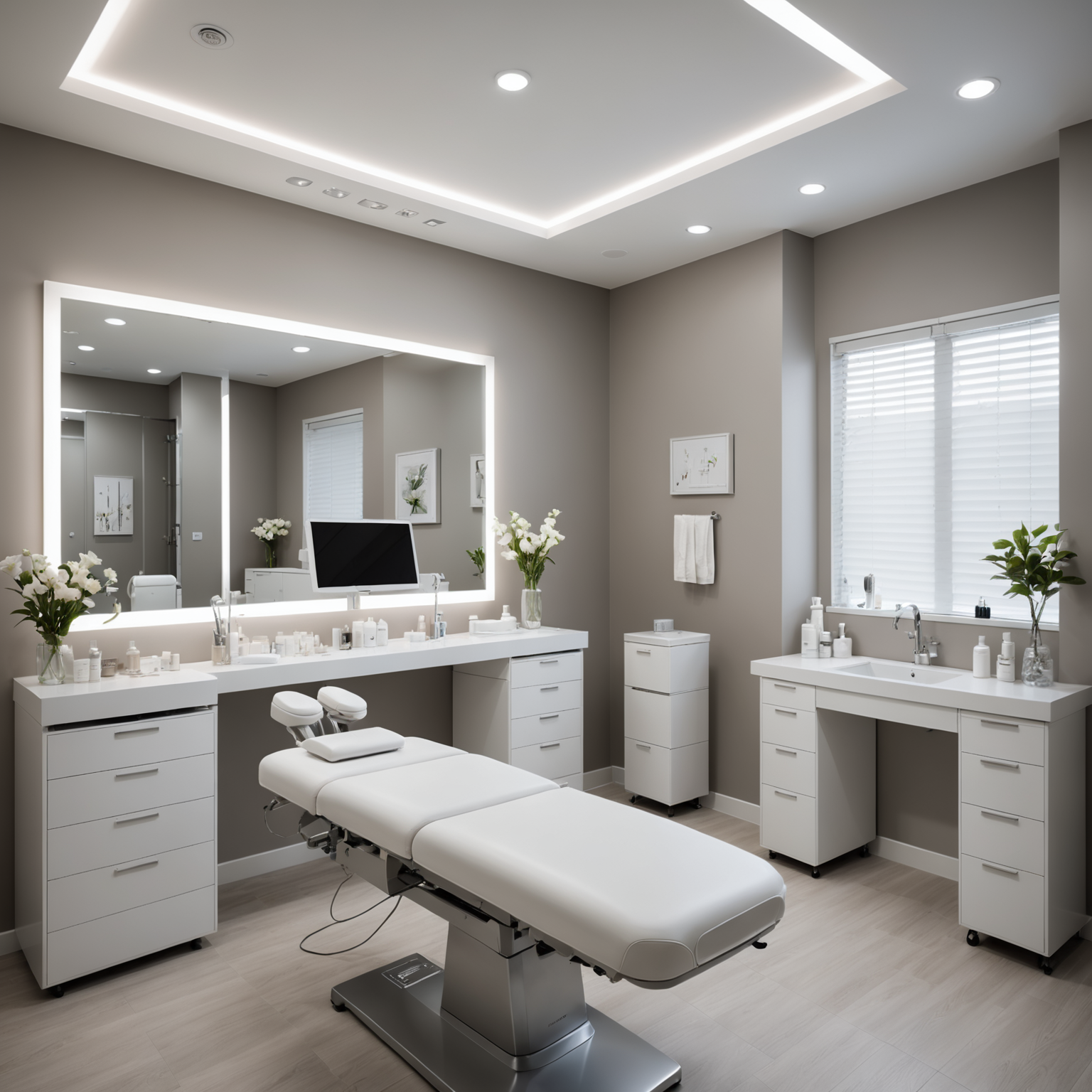 A well-appointed cosmetic clinic treatment room, showing esthetician hands preparing sterile tools.