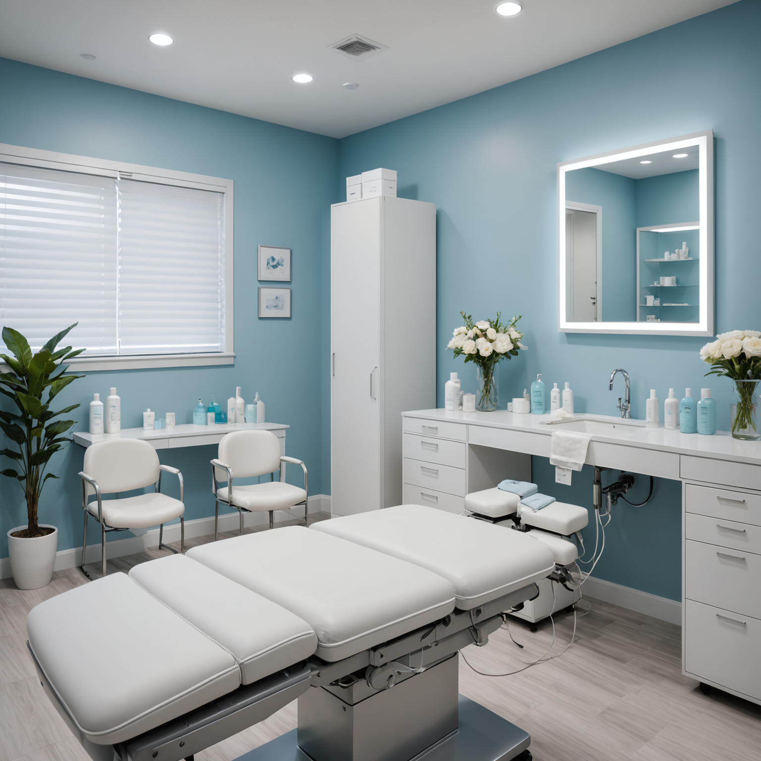 A serene cosmetic-clinic treatment room with an esthetician's hands preparing for a lip filler procedure.