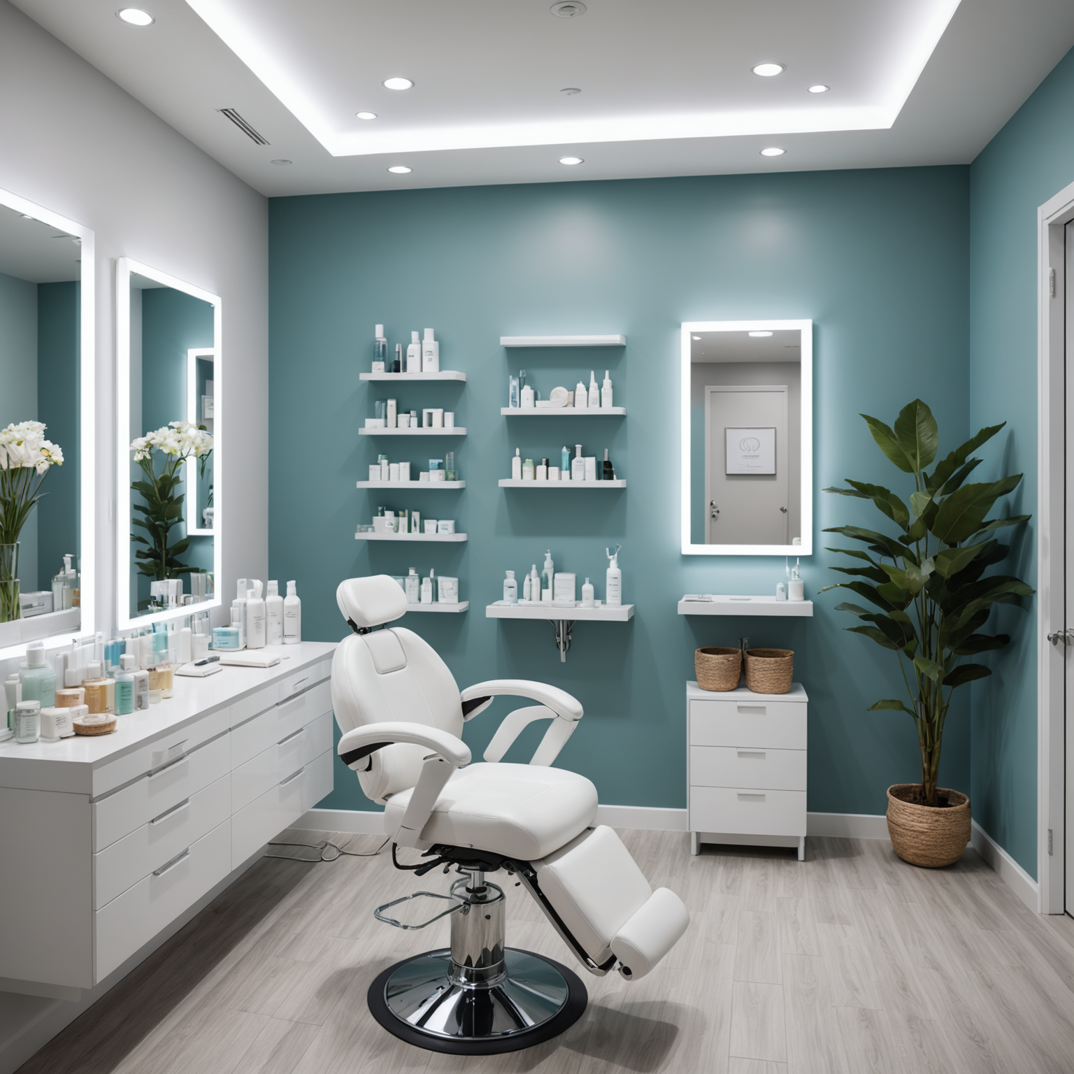 A serene cosmetic clinic with esthetician tools and skincare products neatly arranged, evoking a sense of professionalism and care.