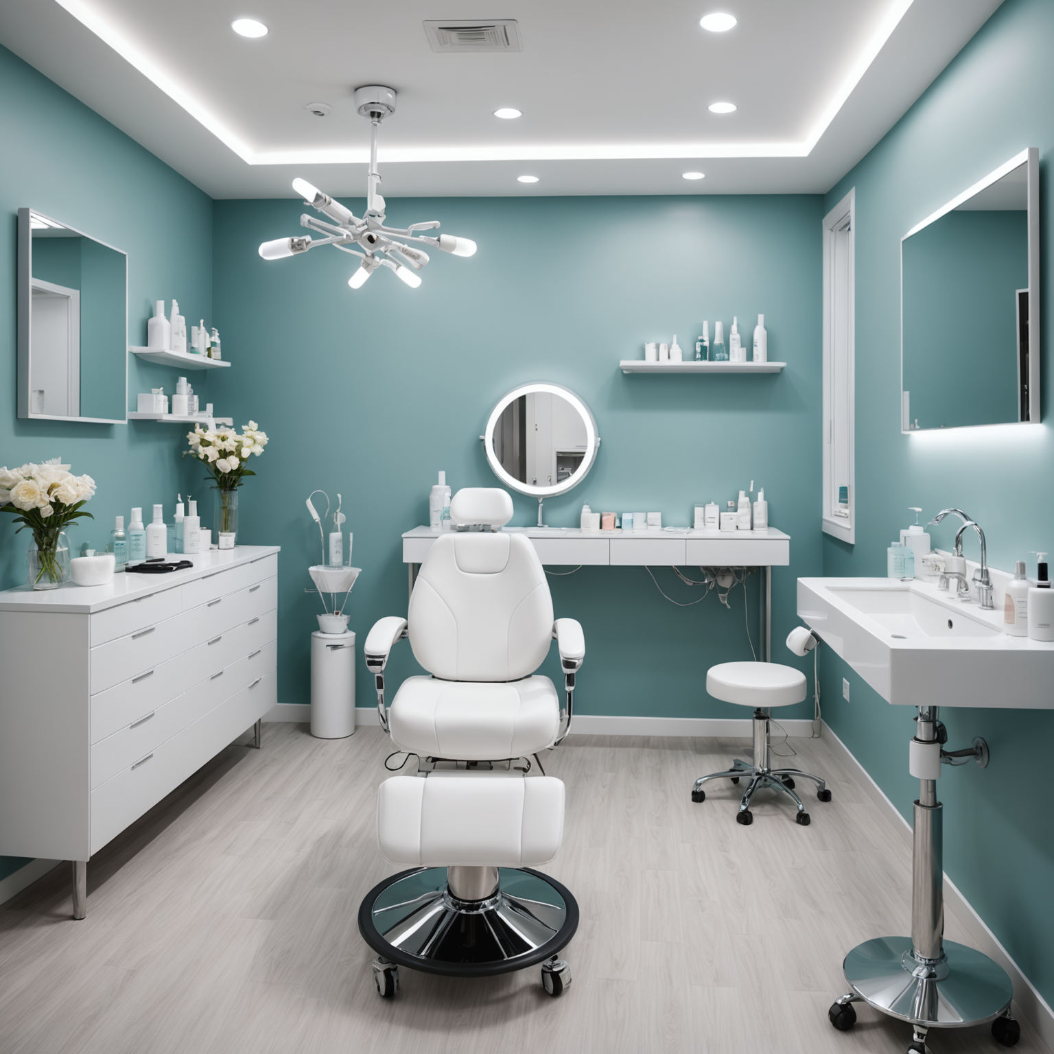 A serene cosmetic clinic treatment room with esthetician hands preparing sterile tools
