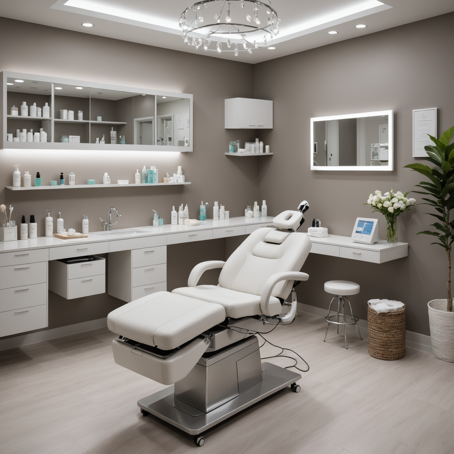 A serene cosmetic clinic treatment room with an esthetician's hands preparing sterile tools