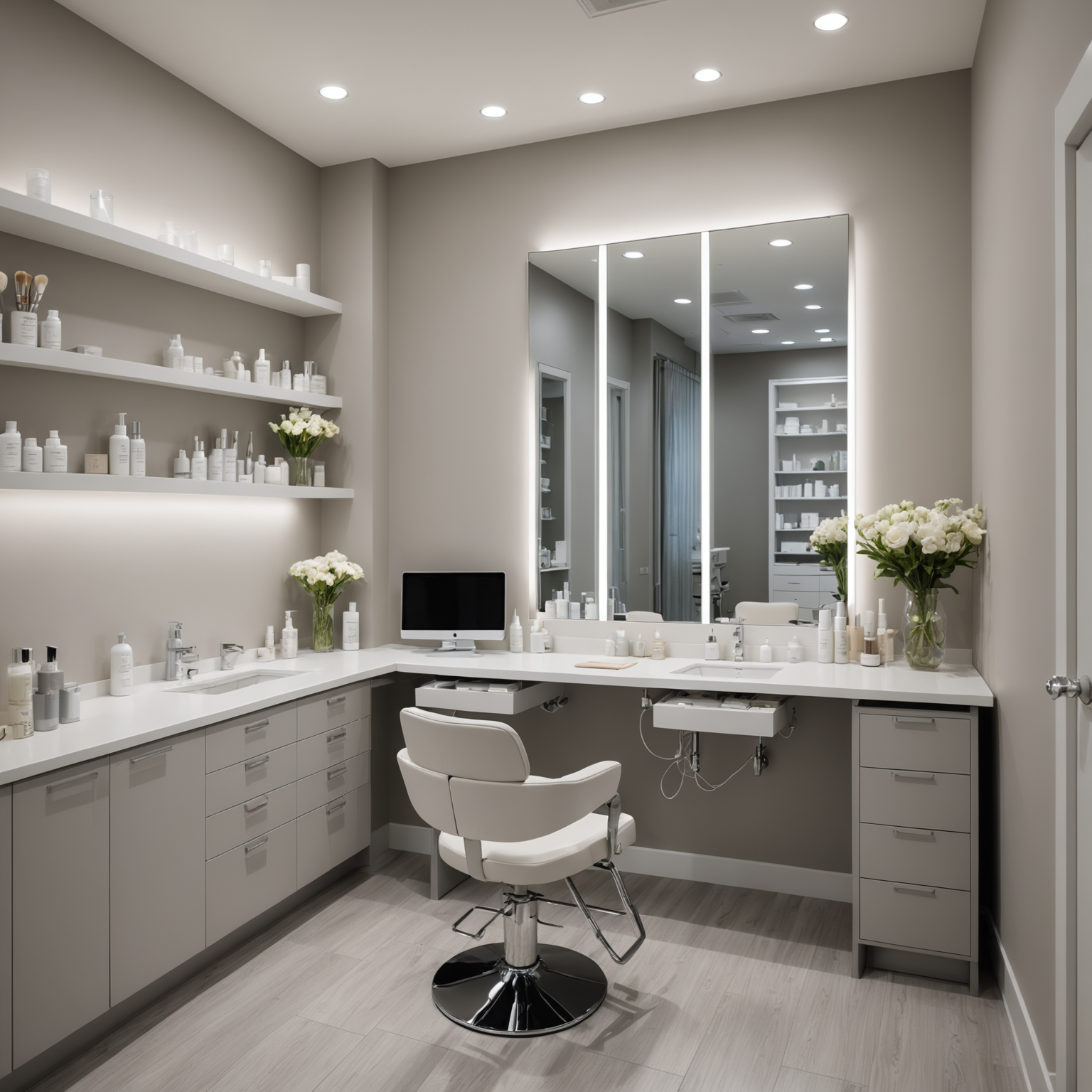 A serene cosmetic clinic treatment room with an esthetician preparing tools.