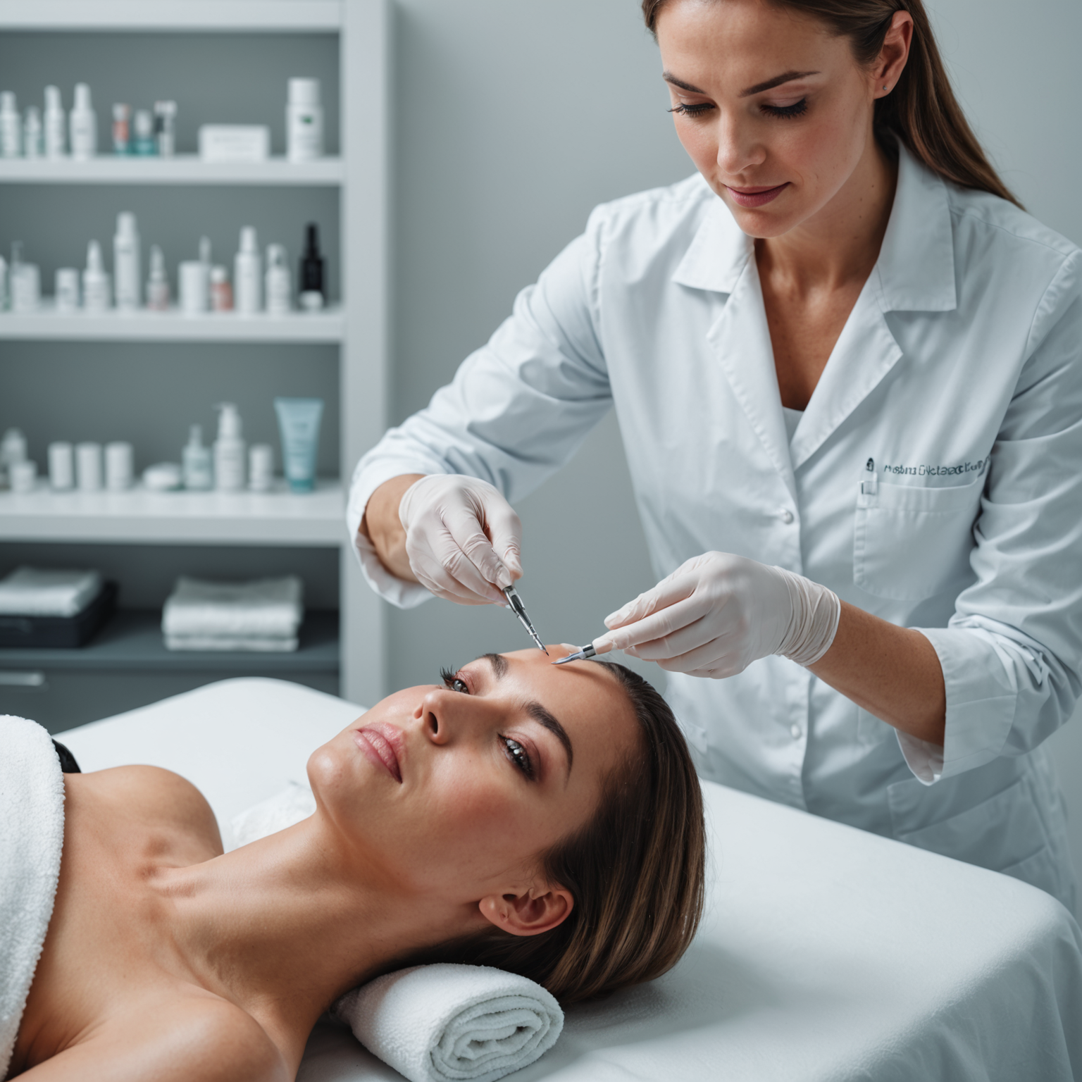 Aesthetician hands preparing subtle lip filler tools in a sterile treatment room.