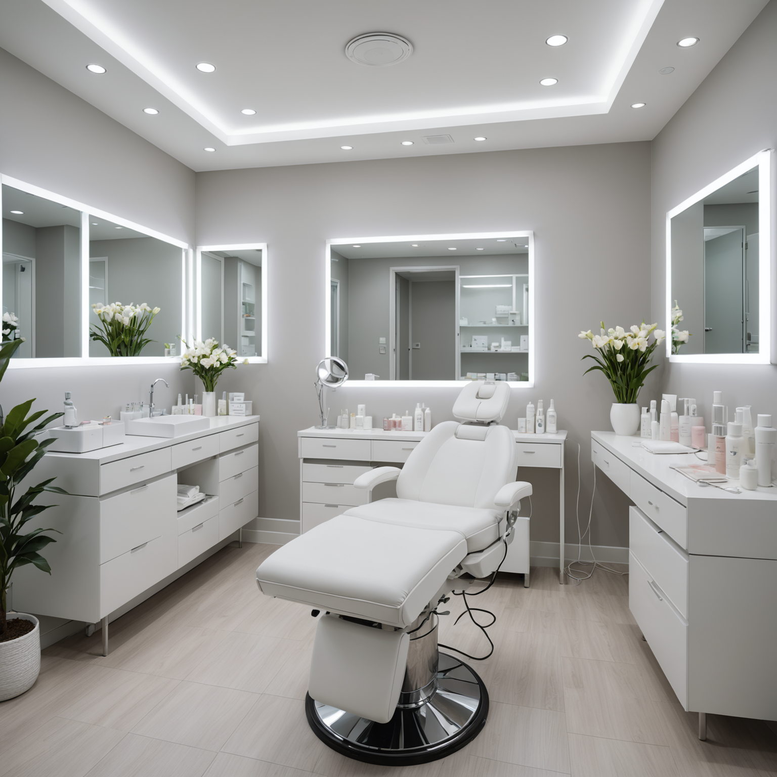 A serene, sterile cosmetic clinic treatment room with soft lighting and skincare tools