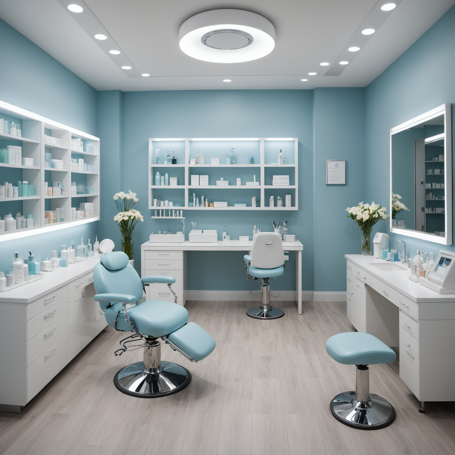 A serene cosmetic clinic treatment room with esthetician tools neatly arranged.