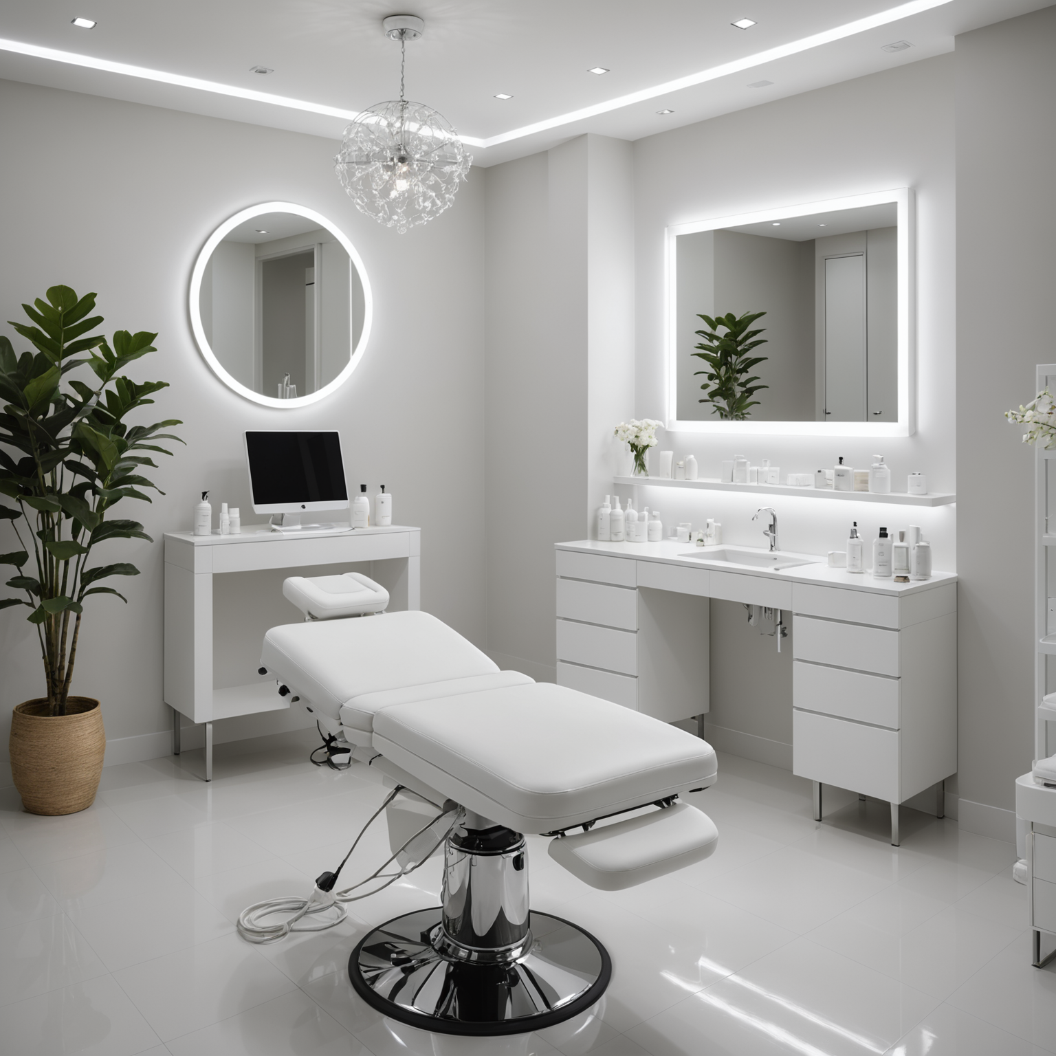 Description of a cosmetic-clinic visual, such as a treatment room or esthetician hands at work.
