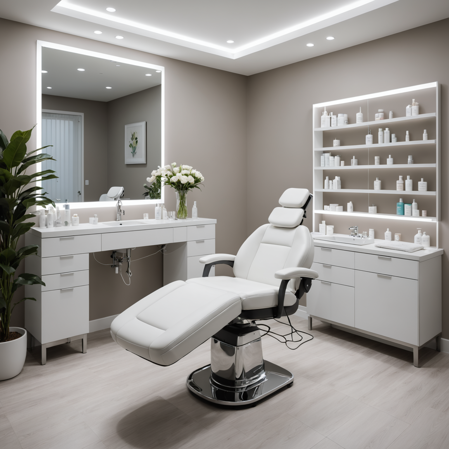 A professional cosmetic clinic treatment room with an esthetician's hands preparing for a Botox lip flip procedure.