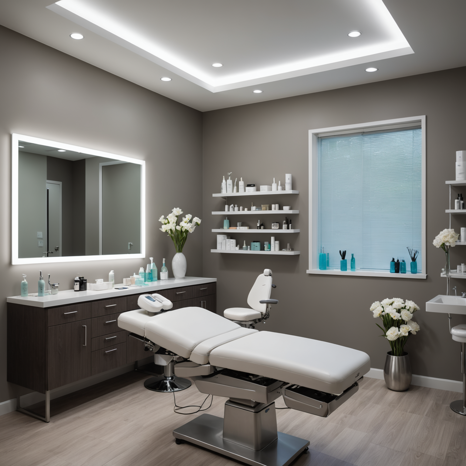 A serene cosmetic clinic room with an esthetician's hands preparing sterile tools for a lip flip procedure.
