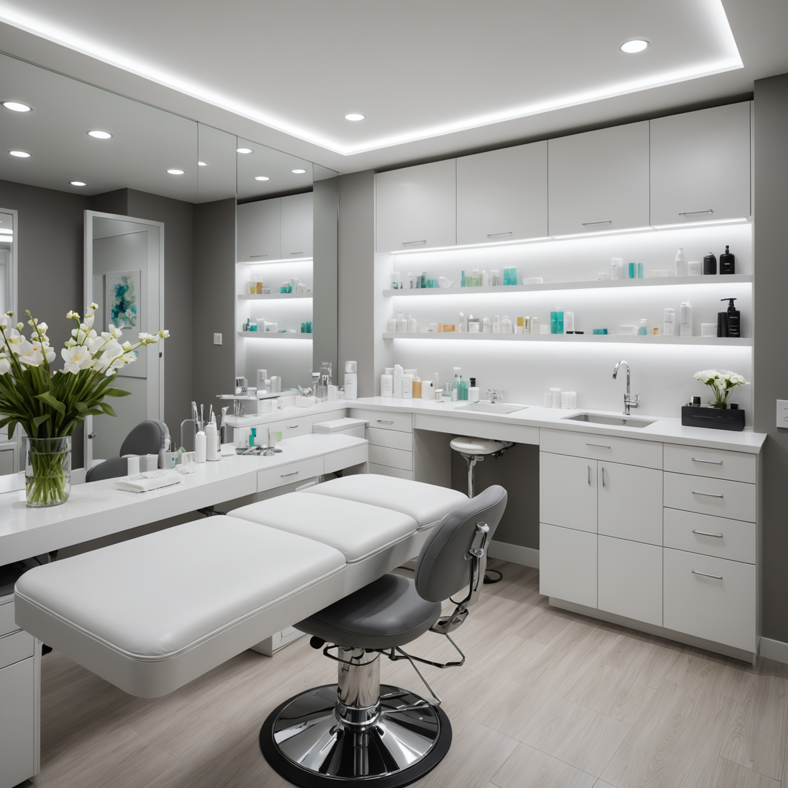 A serene cosmetic clinic treatment room with an esthetician preparing tools