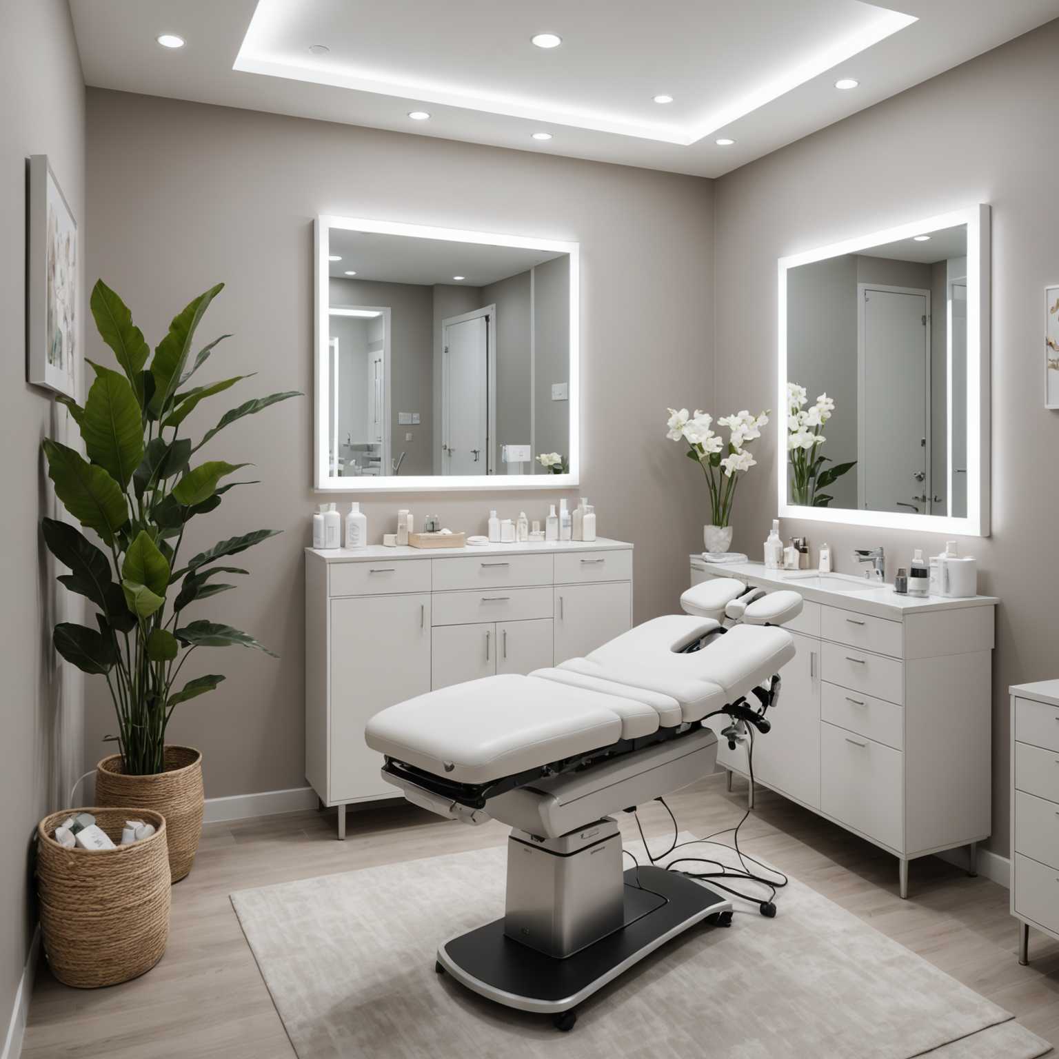 A serene cosmetic clinic setting, showcasing a treatment room with an esthetician's hands preparing for a procedure.
