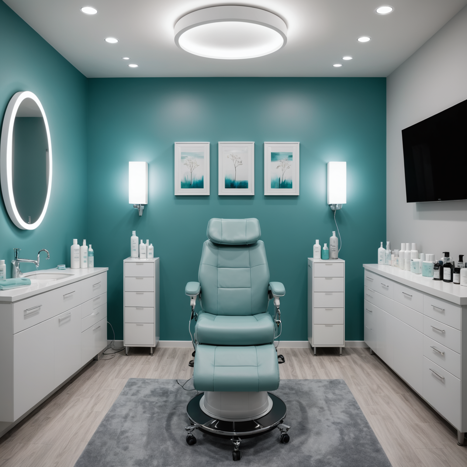 A serene cosmetic clinic room with a treatment chair and skincare products