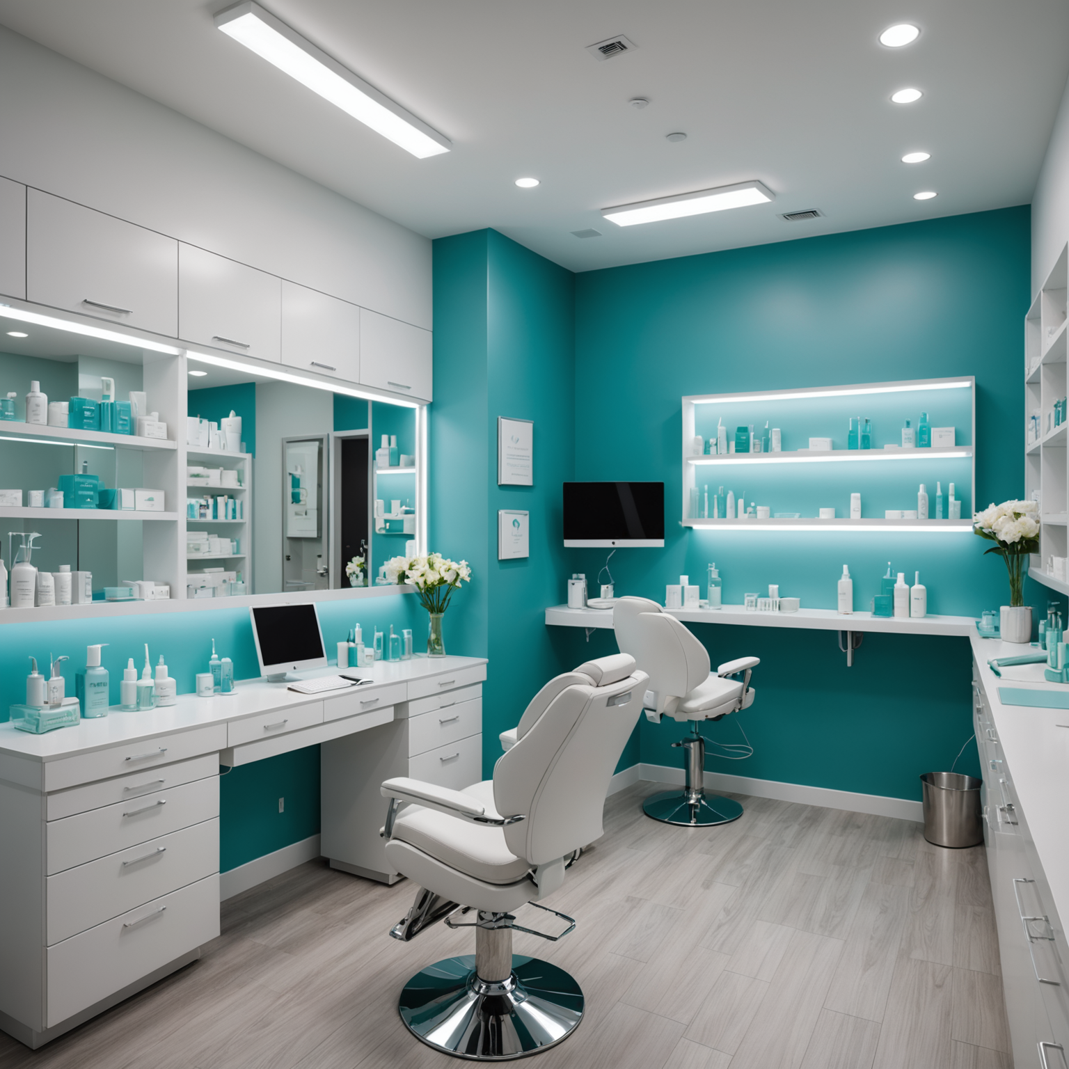 A serene cosmetic clinic room with modern, sterile tools and skincare products displayed neatly, evoking a sense of professionalism and care.