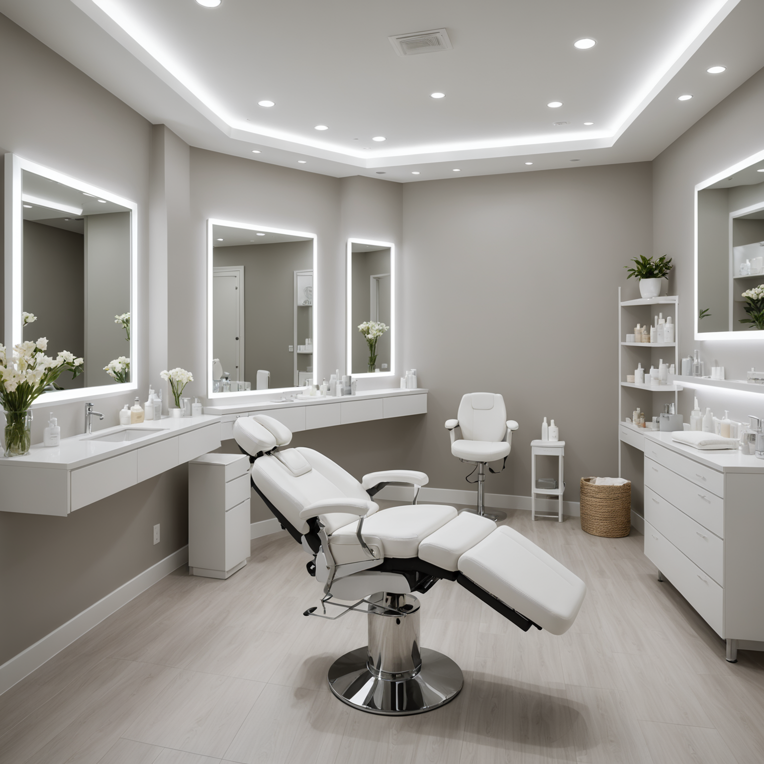 A serene cosmetic treatment room with sterile tools and skincare textures
