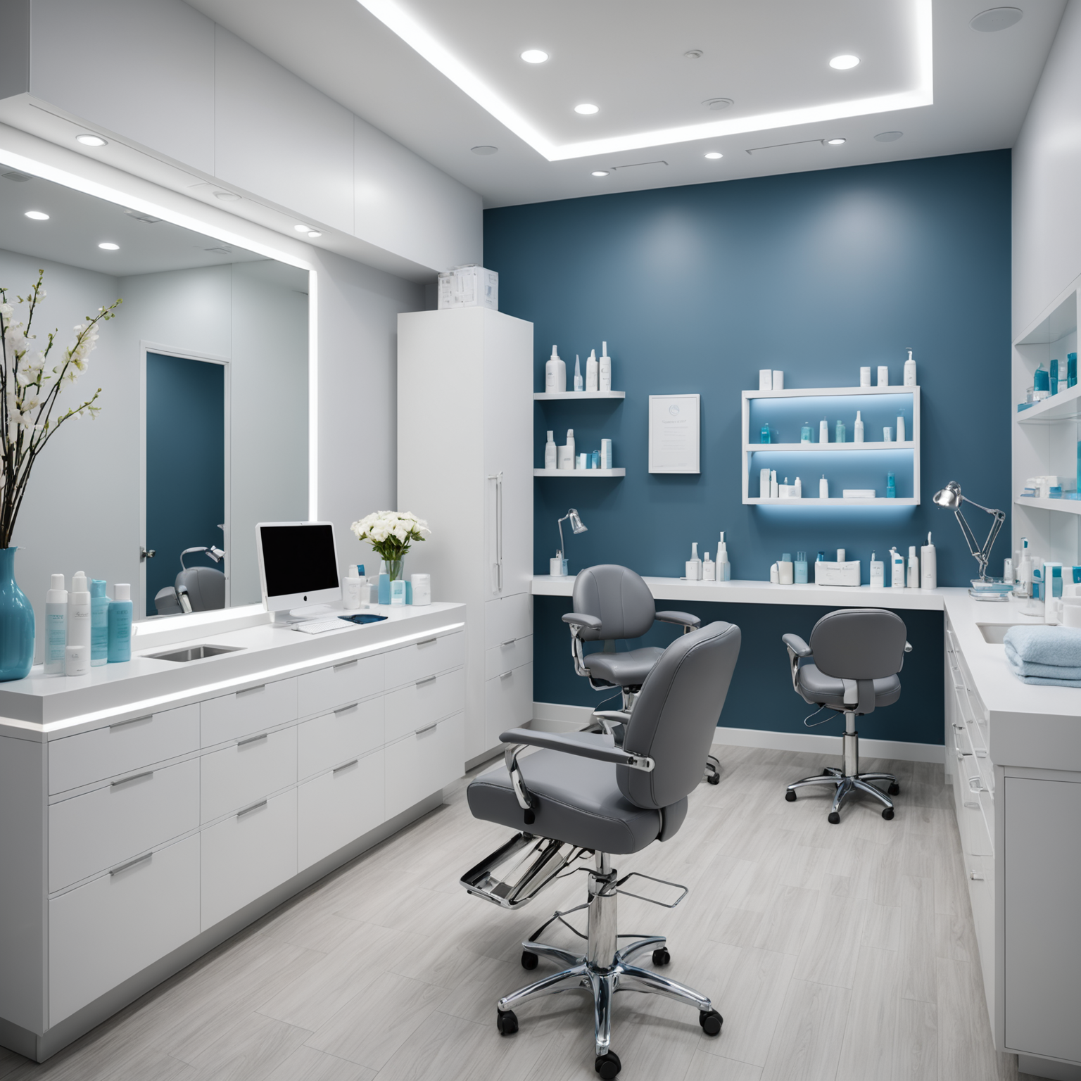 A serene cosmetic clinic treatment room with an esthetician's hands preparing sterile tools.
