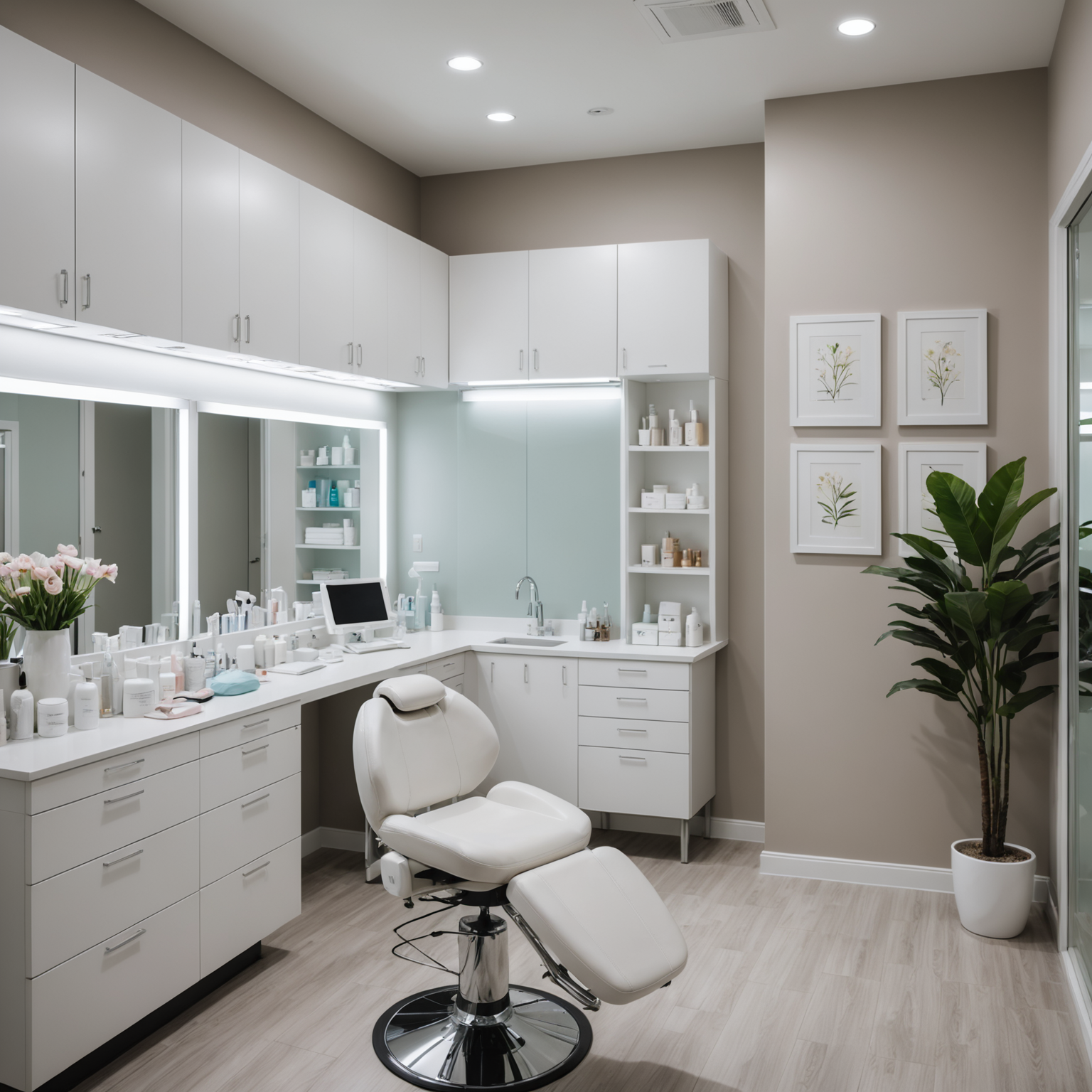 A serene cosmetic clinic treatment room with an esthetician preparing sterile tools for a Sculptra session.