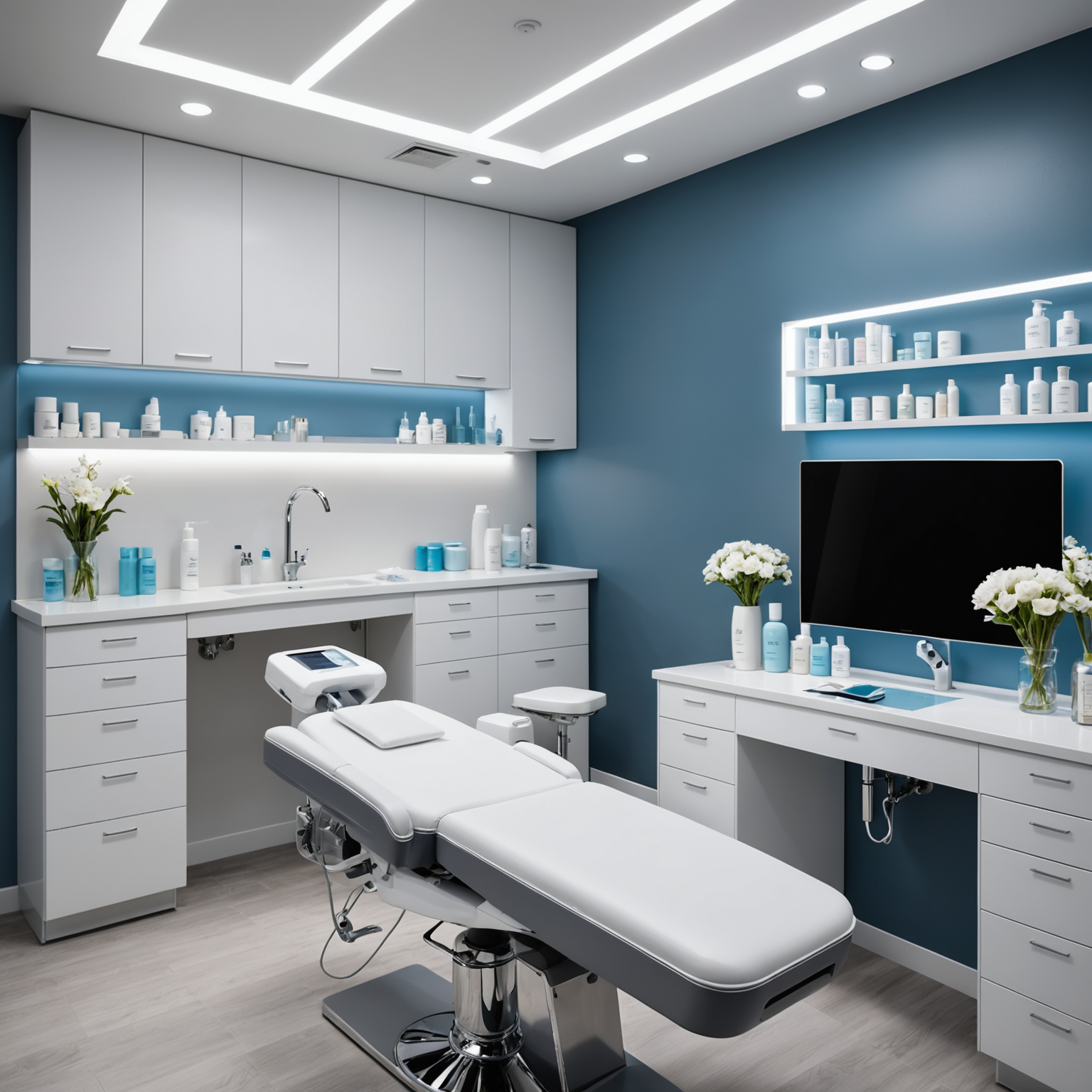 Description of a cosmetic-clinic visual, such as a treatment room with sterile tools and skincare textures.
