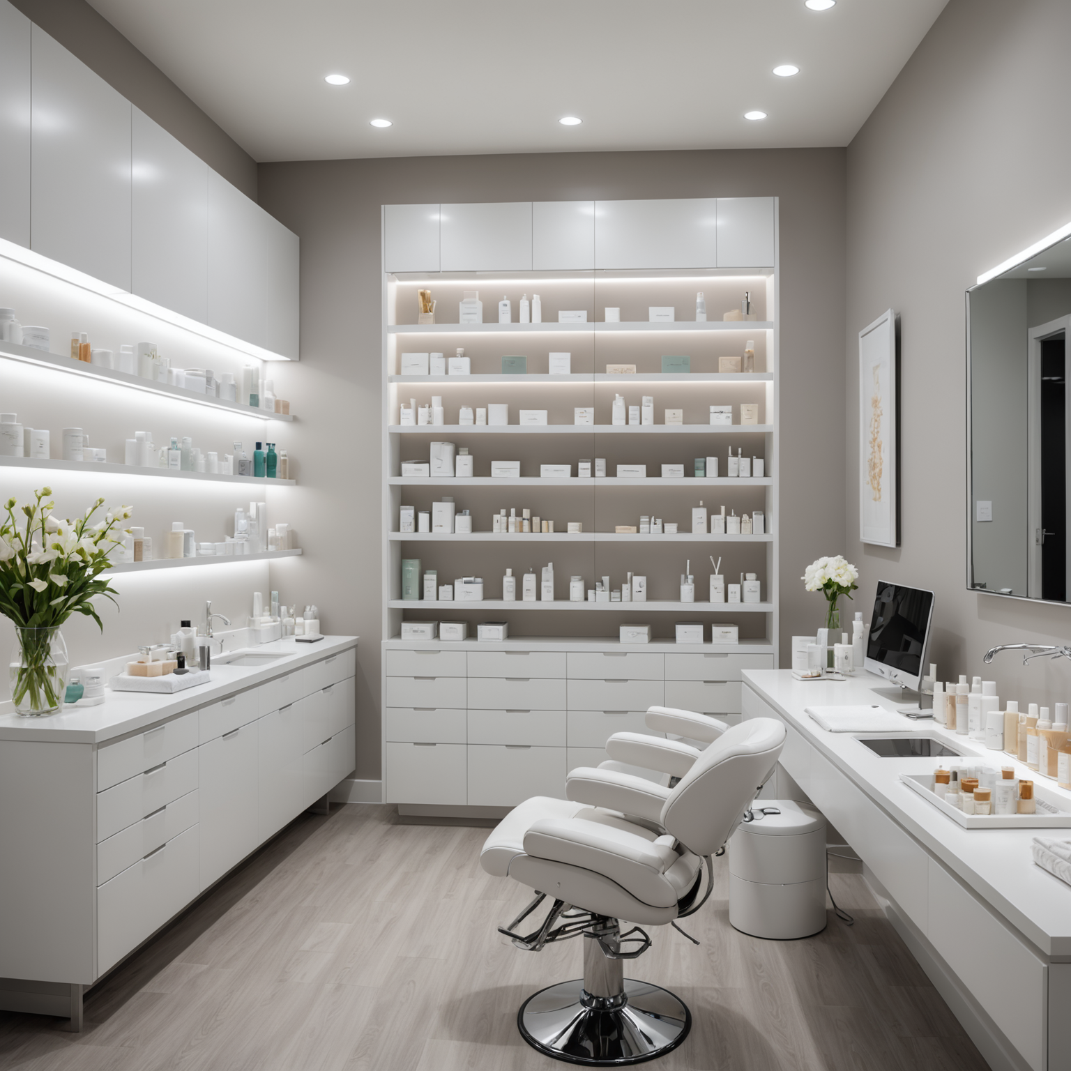 A serene cosmetic clinic treatment room with esthetician tools and skincare products
