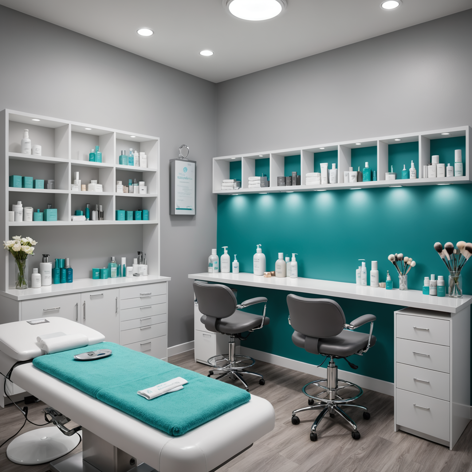 A serene cosmetic treatment room with esthetician tools and skincare products