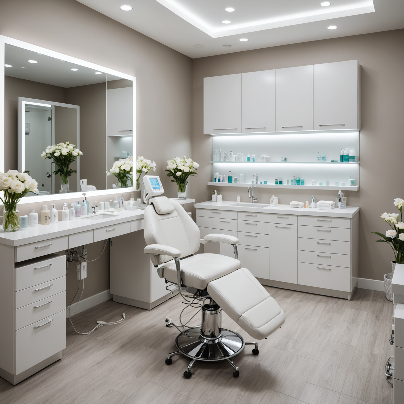 A serene cosmetic treatment room with an esthetician's hands preparing dermal filler tools, illustrating a professional and inviting atmosphere.