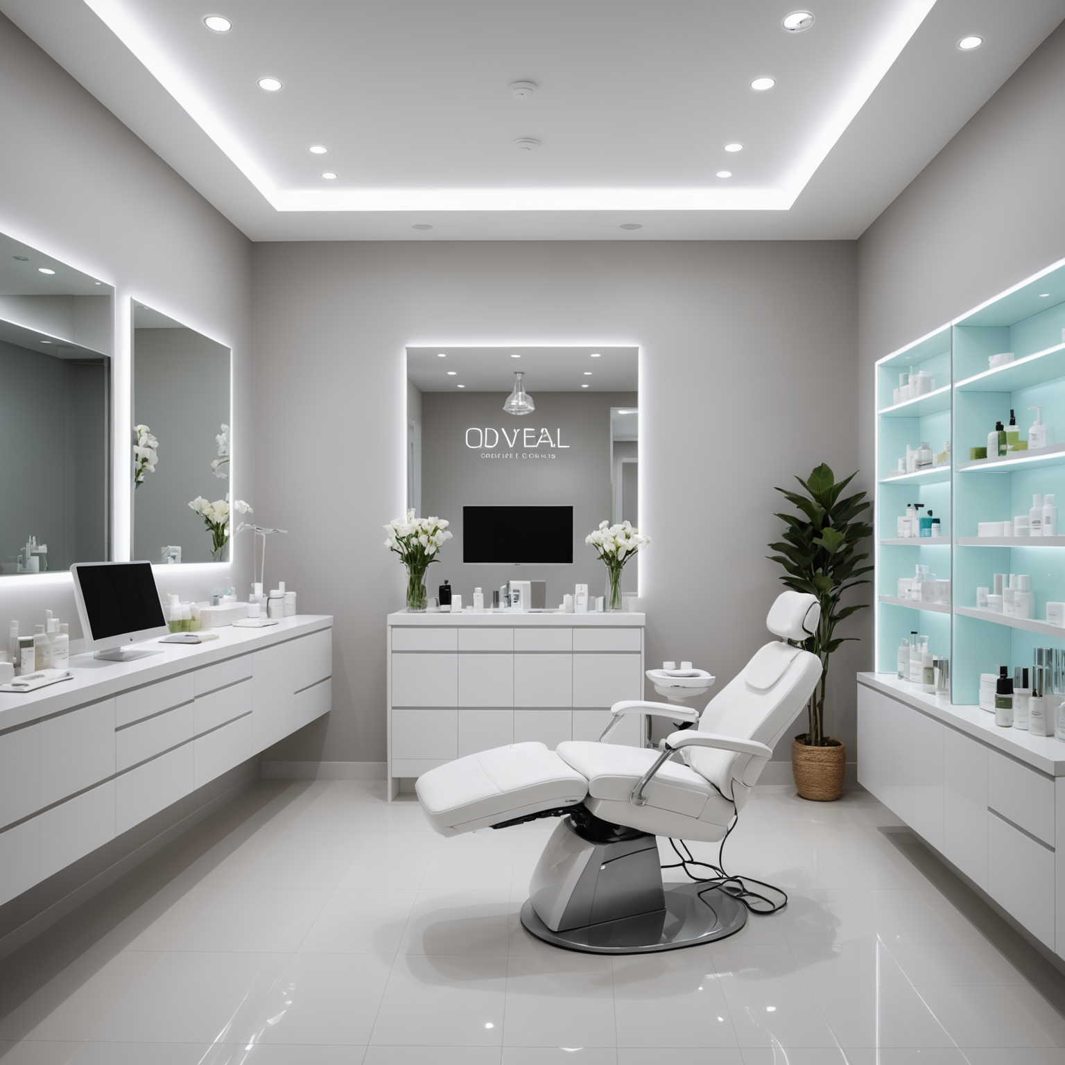 A serene cosmetic clinic interior showcasing treatment tools and skincare products